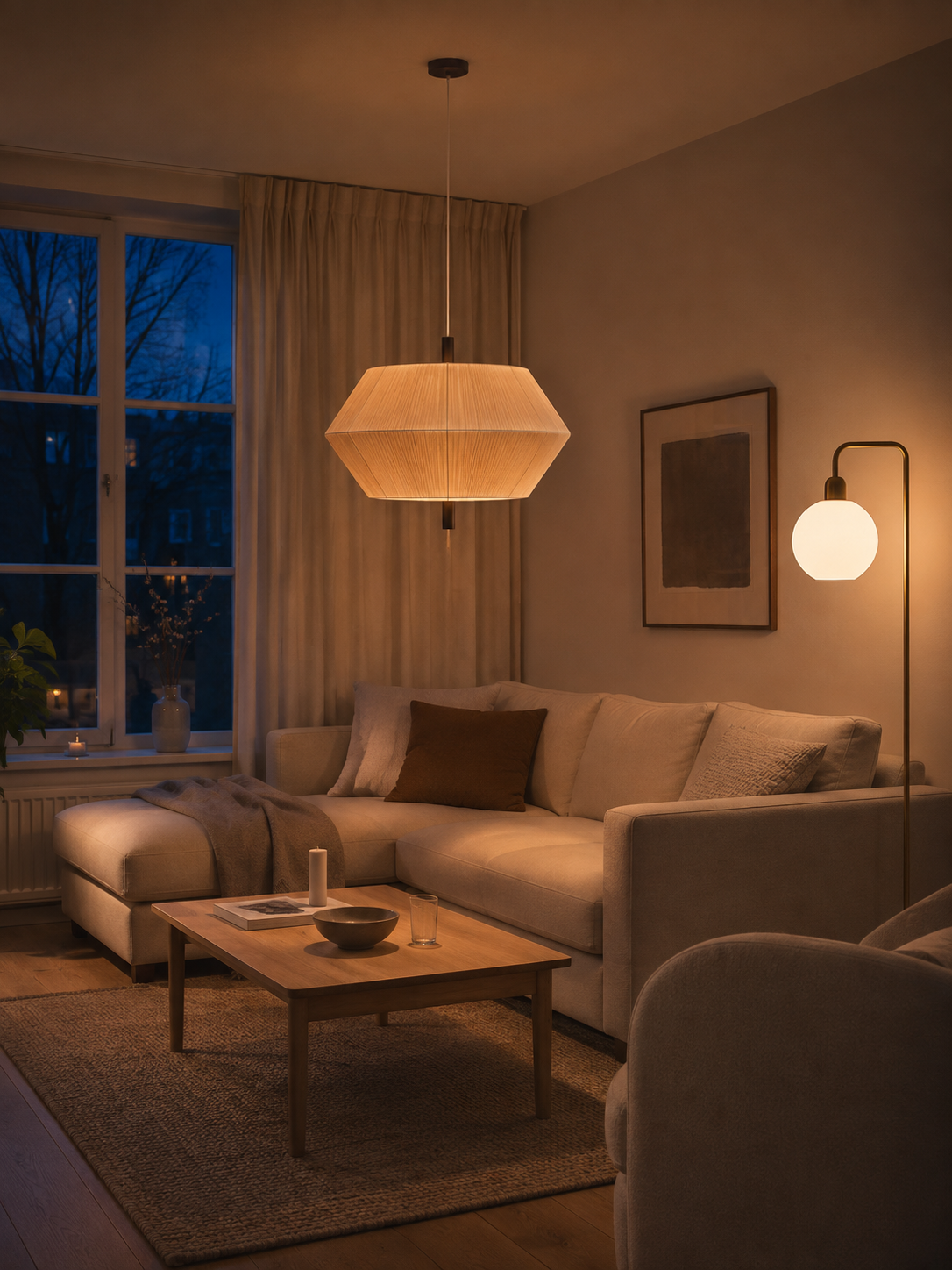 Warm licht van een rotan hanglamp in een avondzithoek