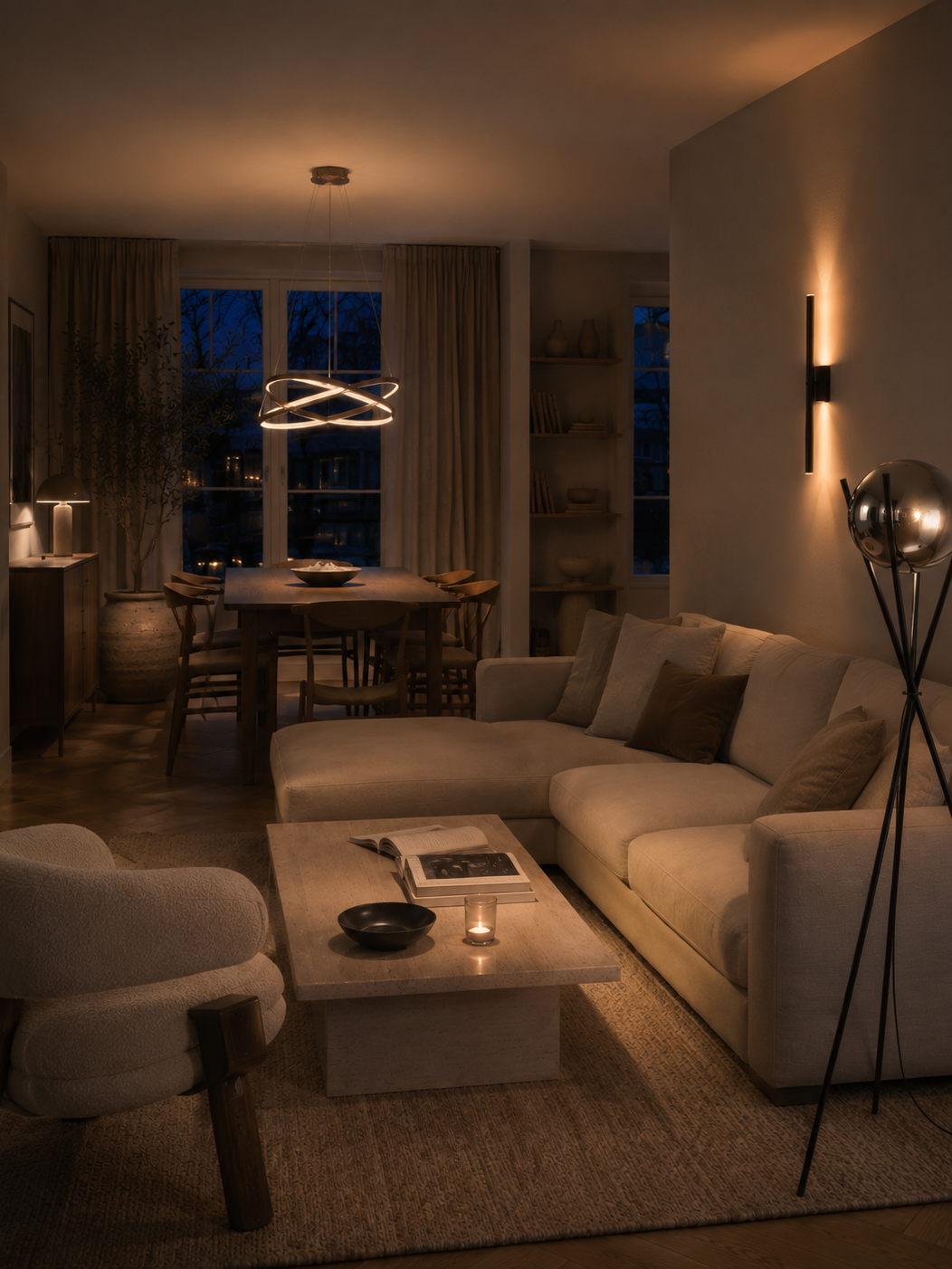 Woonkamer met plafondlamp, wandlamp en vloerlamp