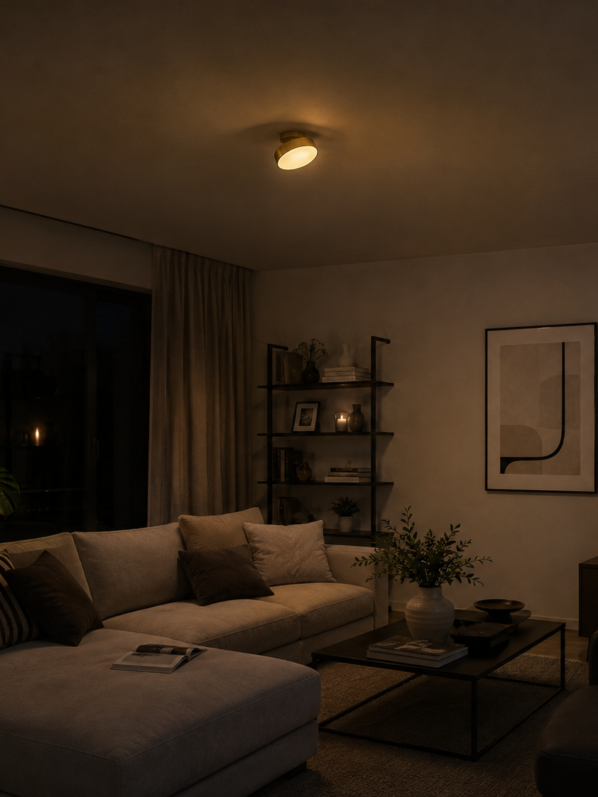 Woonkamer met een enkele plafondlamp die weinig licht geeft