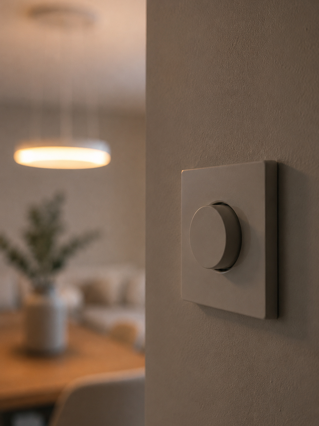 Draaidimmer aan de wand bij een gedimde hanglamp