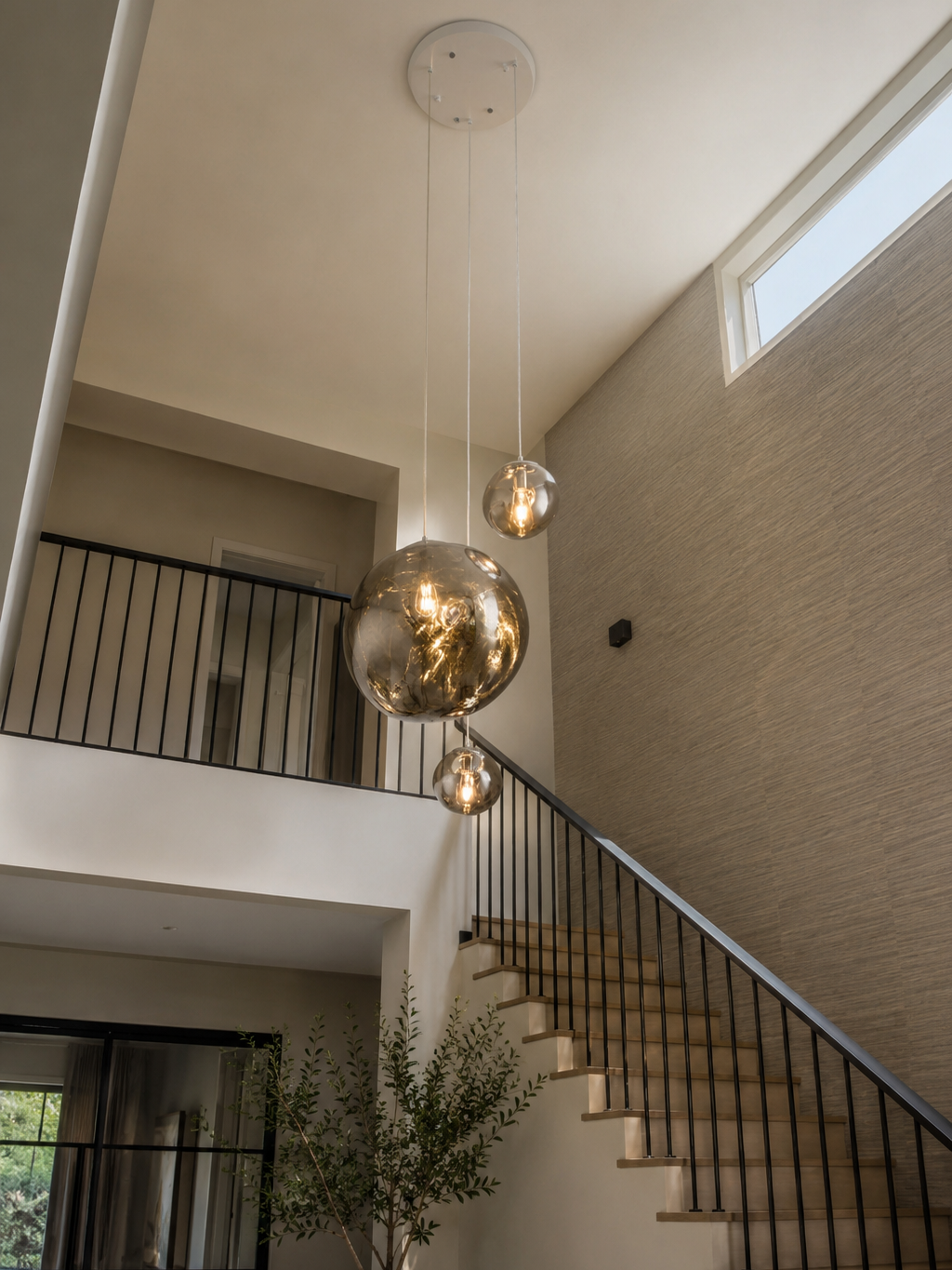 Drie glazen bollen in een vide boven de trap