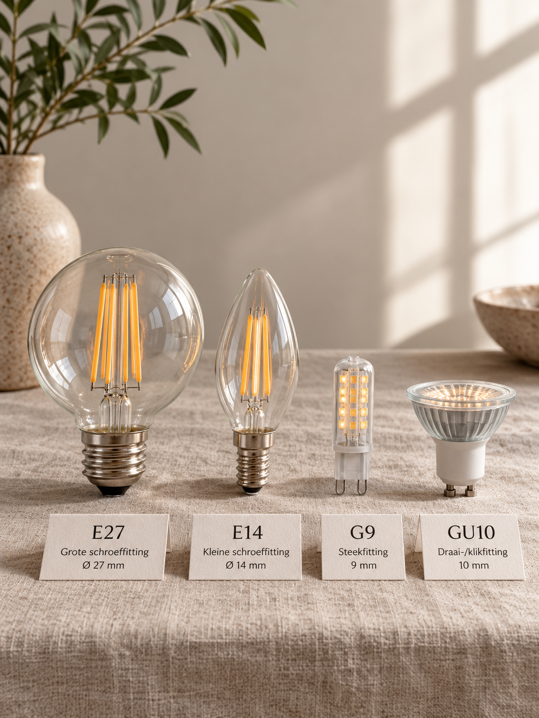 Ledlampen met fitting E27, E14, G9 en GU10 naast elkaar