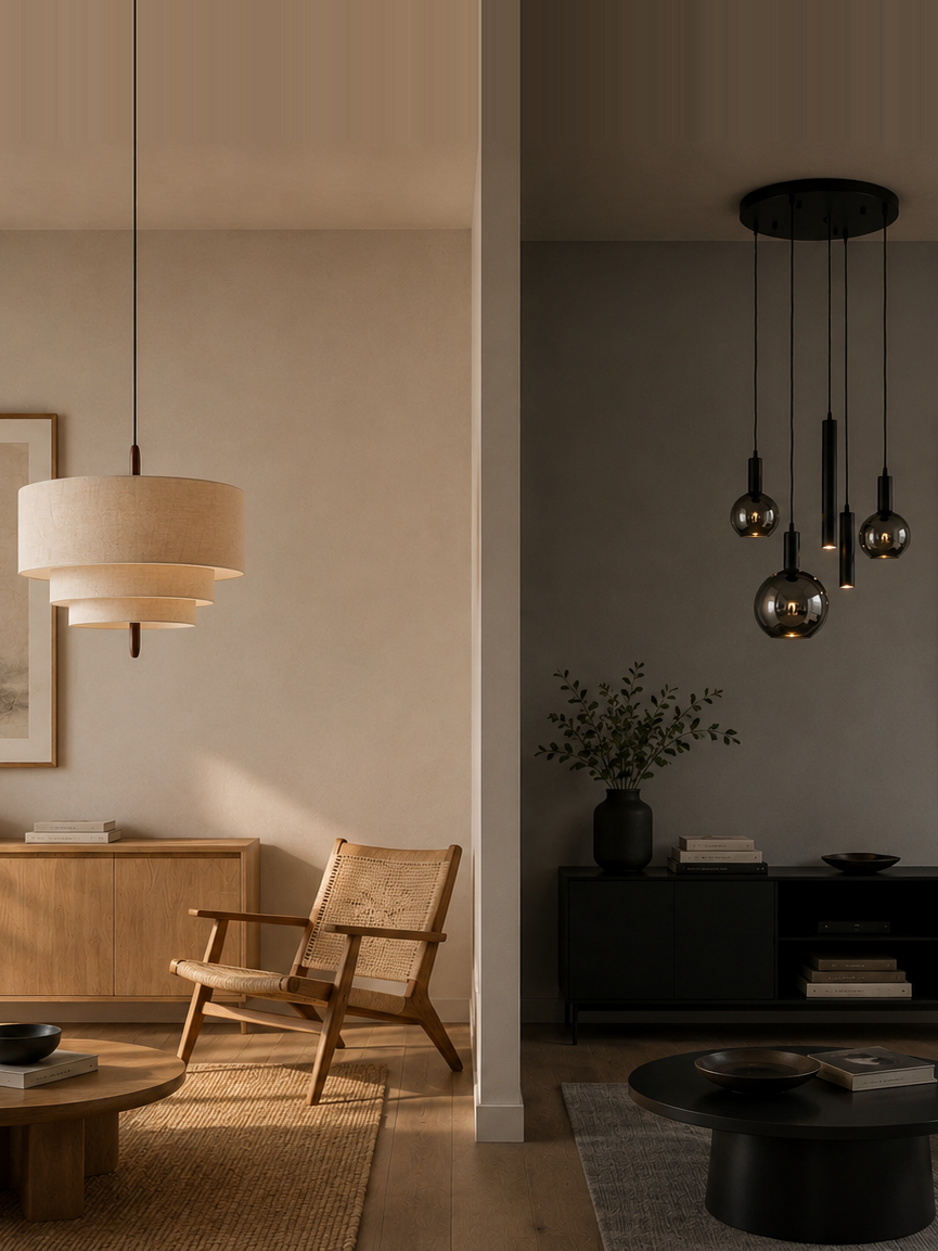 Japandi-interieur naast een modern interieur met bijpassende lampen