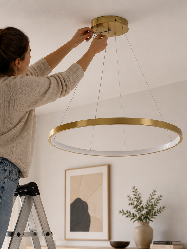 Een ringlamp wordt aan het plafond bevestigd