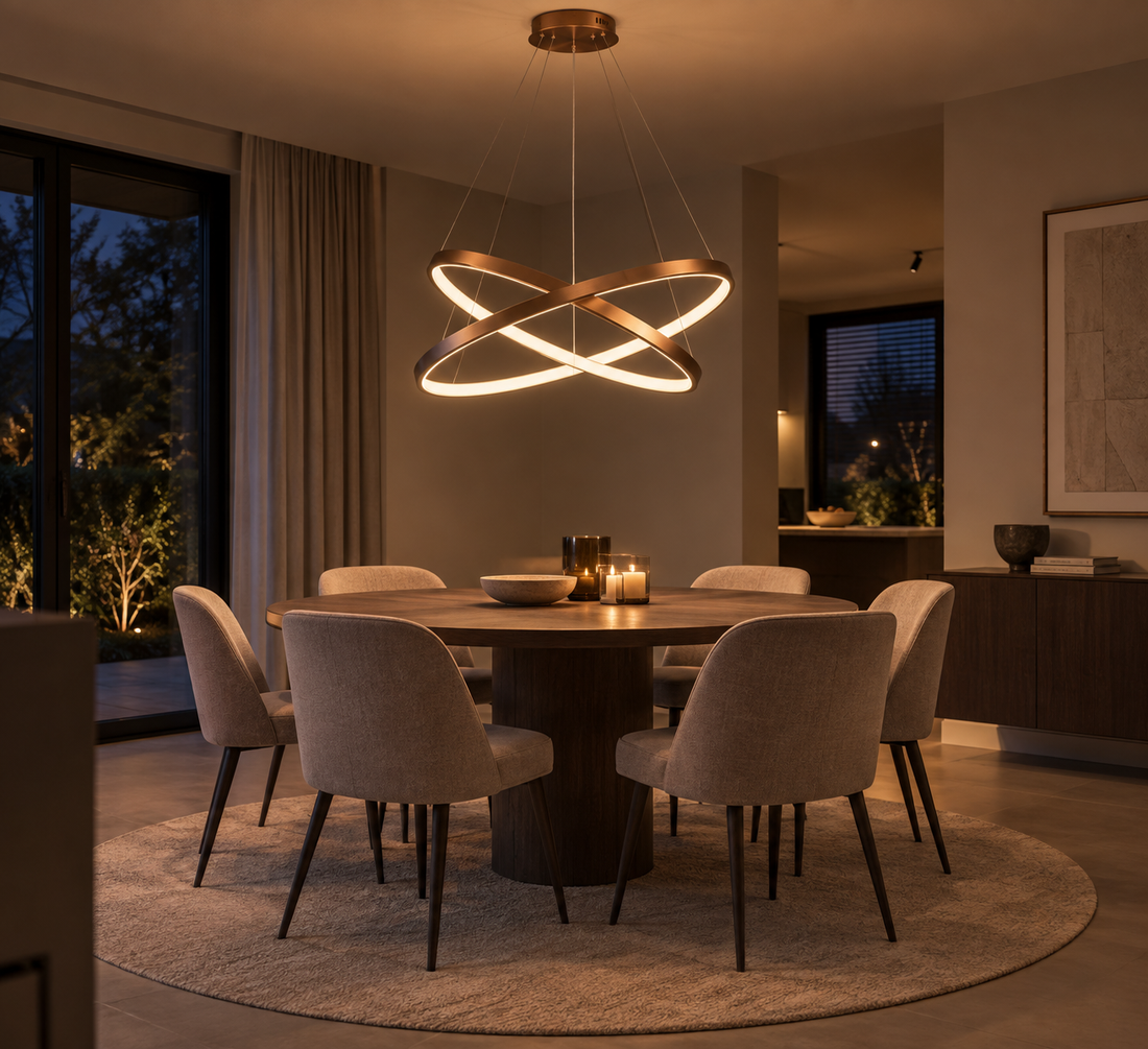 Hängeleuchte met gebogen lichtlijnen boven een ronde eettafel