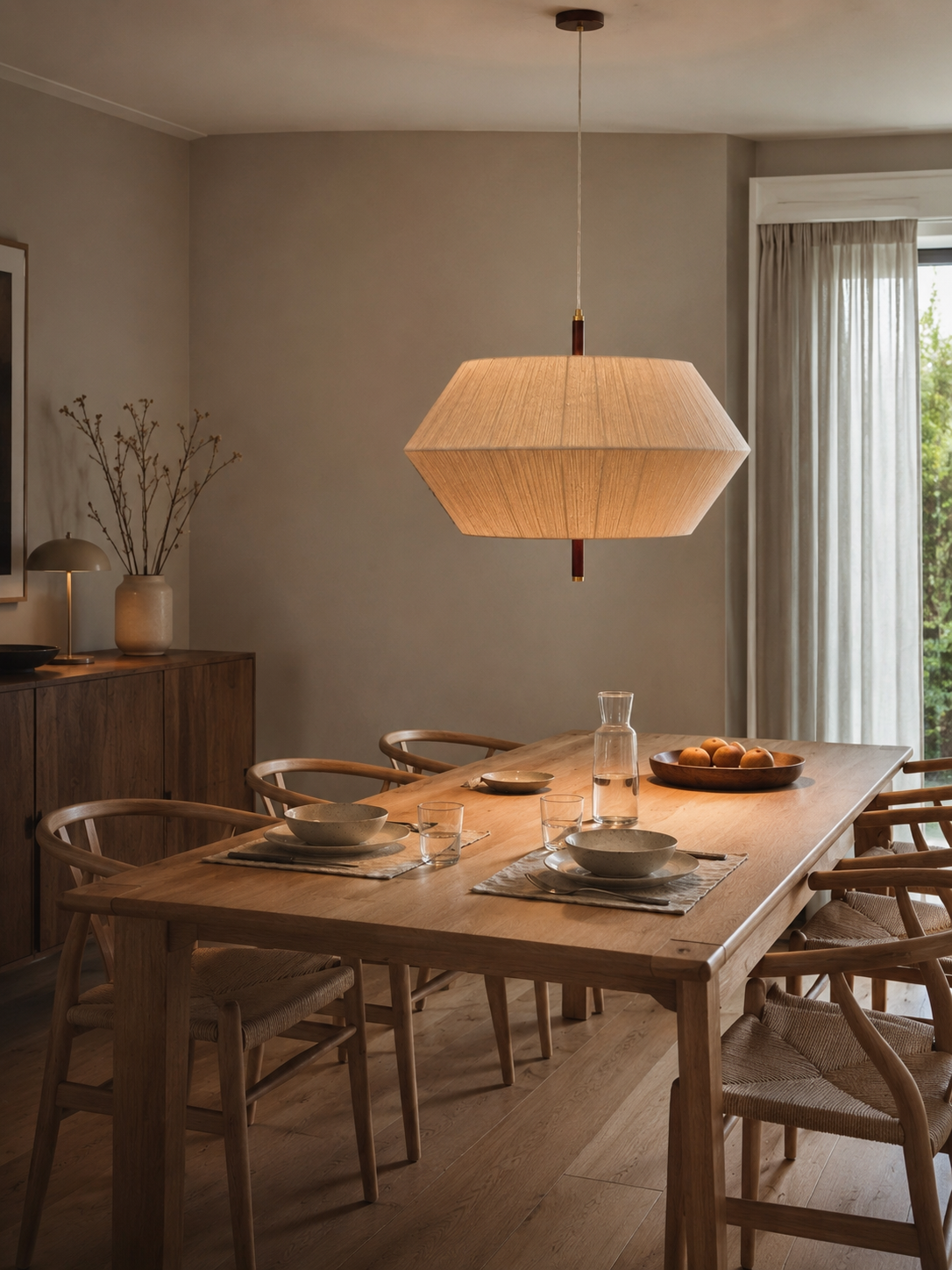 Hanglamp van gevlochten rotan met houten details boven een eettafel
