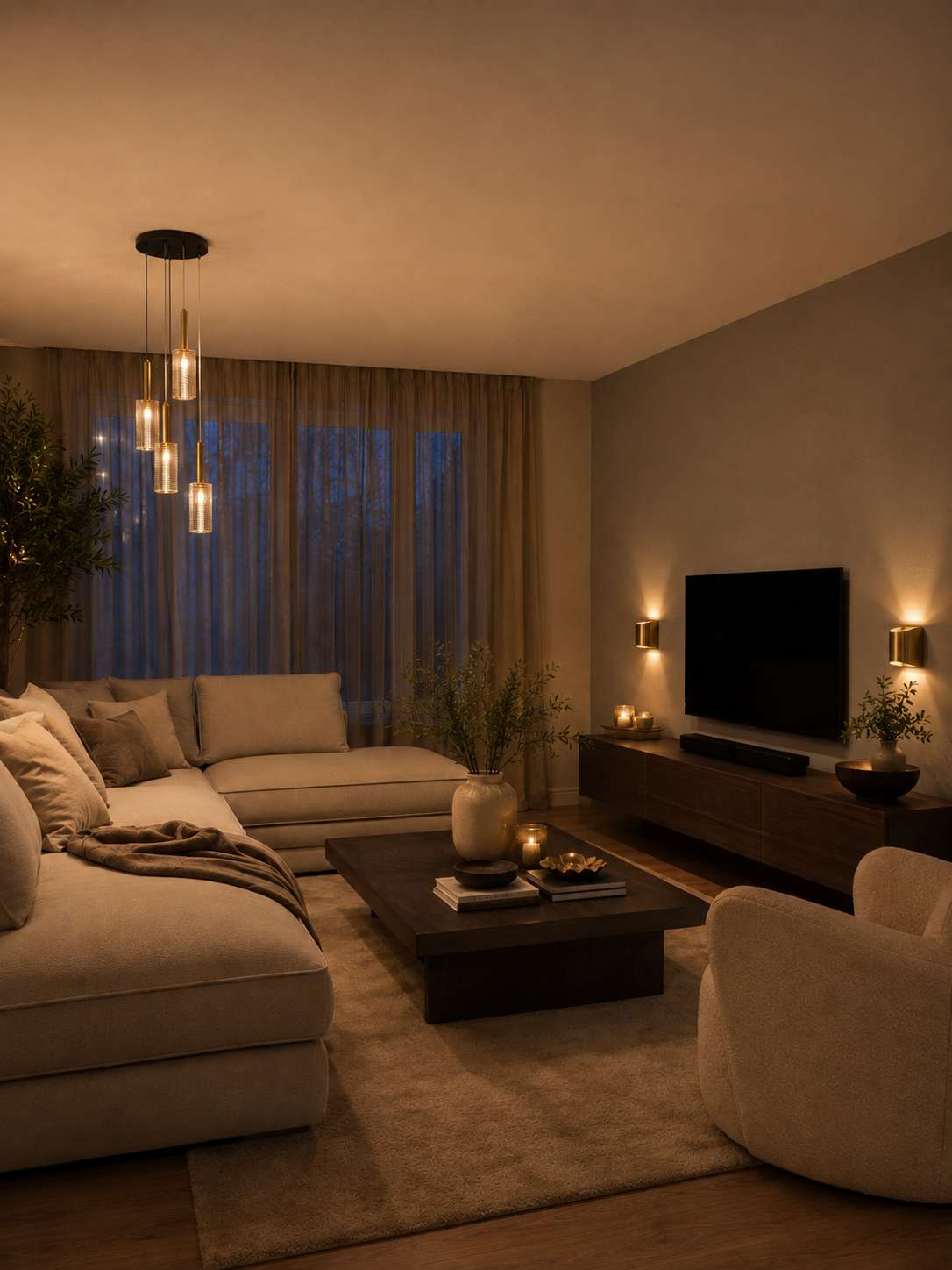 Warme sfeerverlichting in een woonkamer in de avond