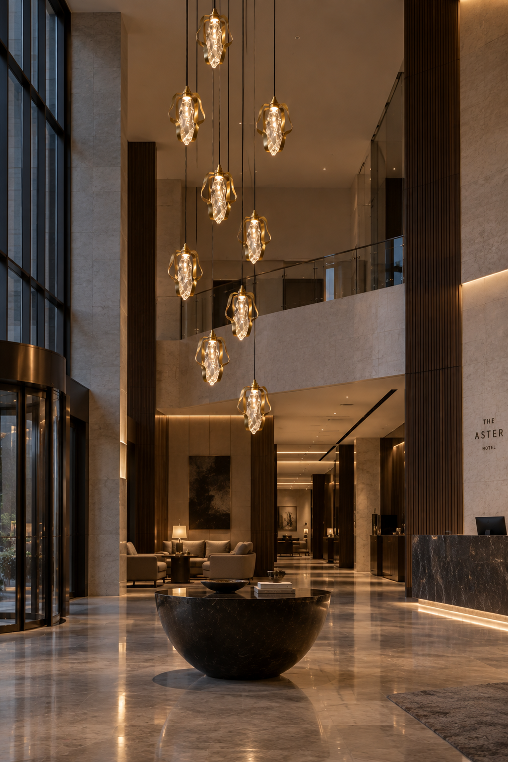 Hoge vide met een cluster glazen hanglampen boven een ronde tafel