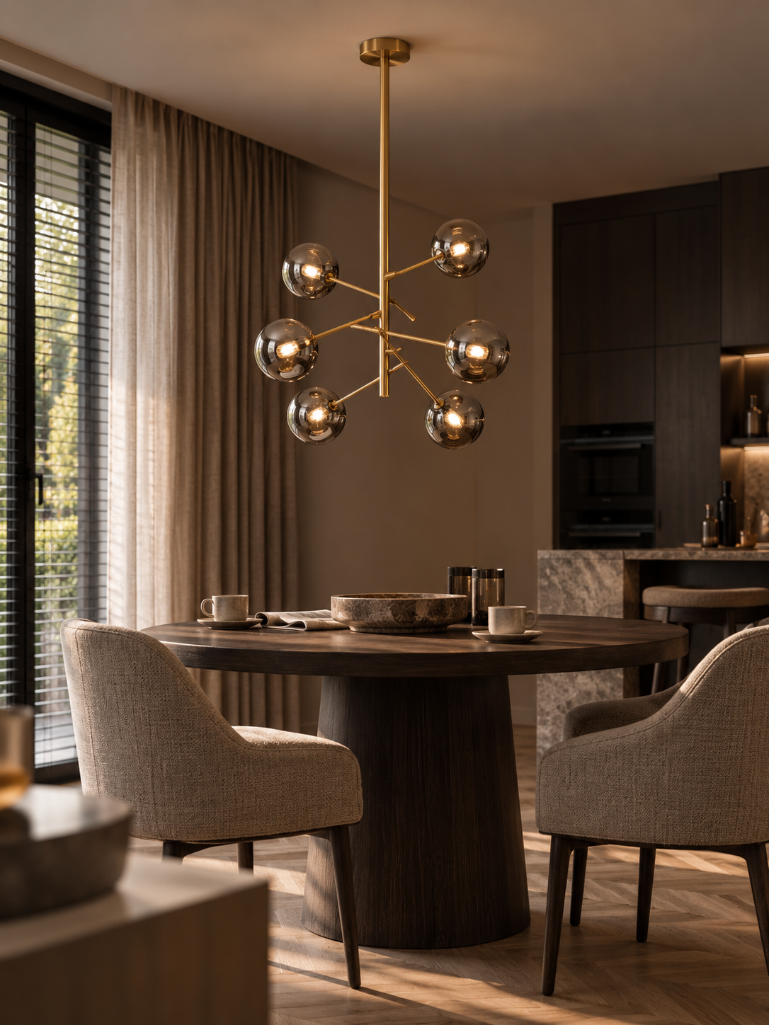 Messing hanglamp met glazen bollen boven een ronde eettafel