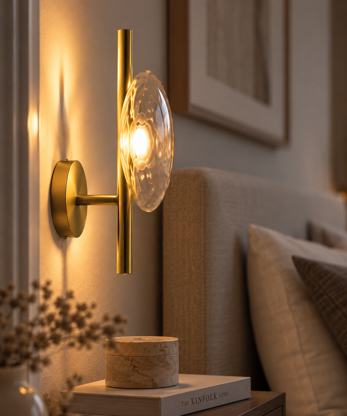 Messing wandlamp met glazen bol naast een bank in een woonkamer