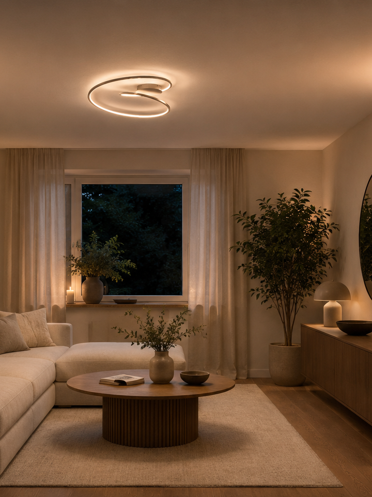 Strakke spiraalvormige plafondlamp in een woonkamer