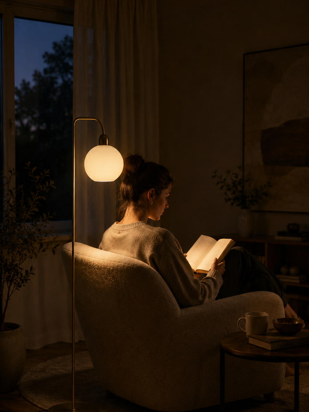 Vloerlamp met glazen bol bij een leesstoel