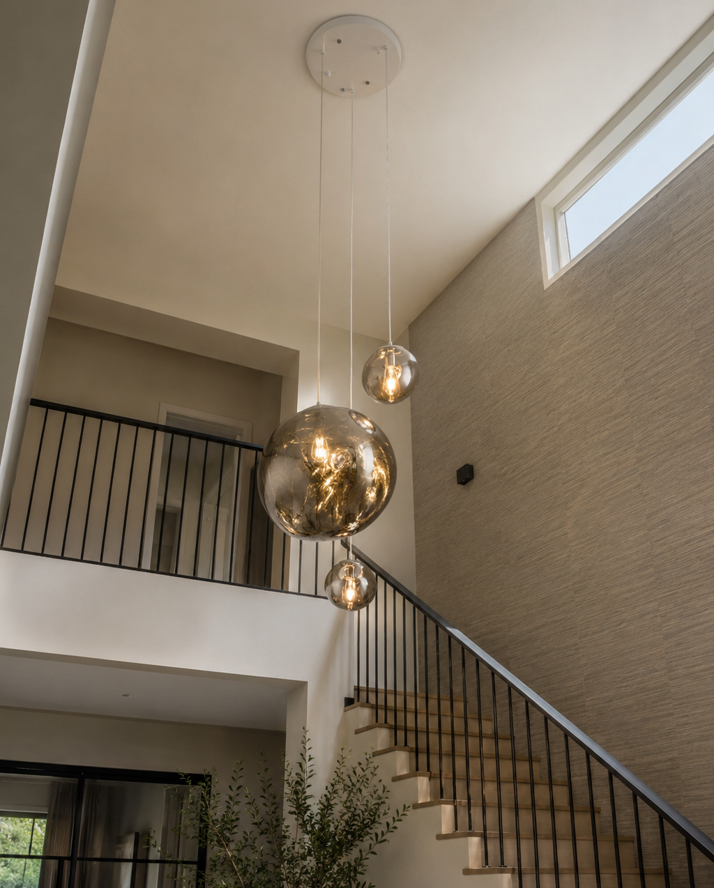Hanglamp met vijf glazen bollen in een woonkamer