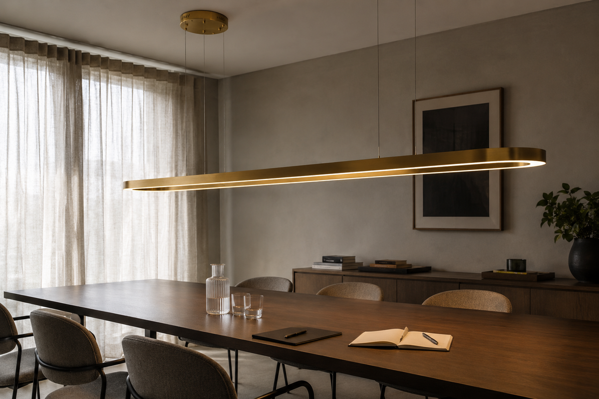 Vergaderruimte met een lineaire hanglamp boven de tafel