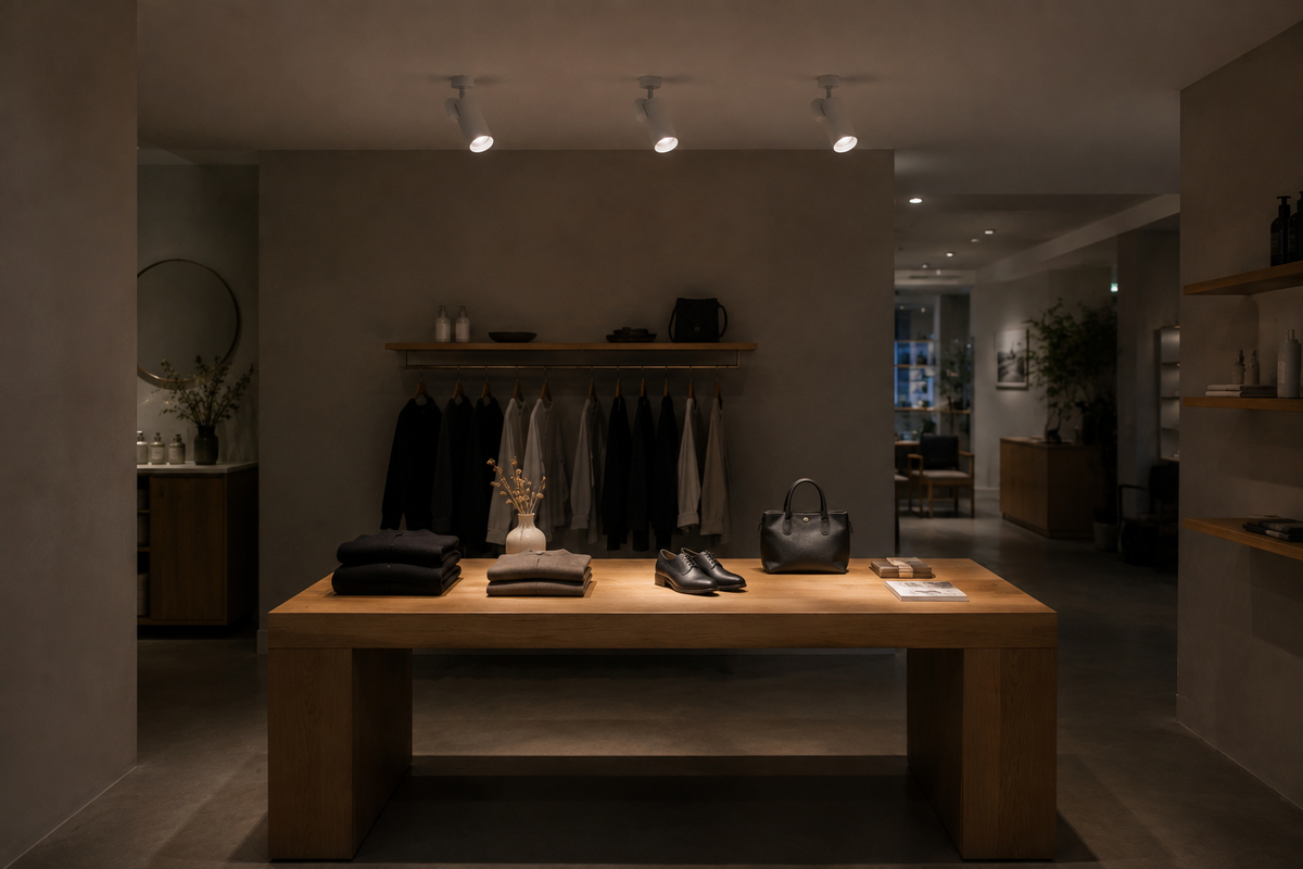 Winkelinterieur met spots boven een presentatietafel