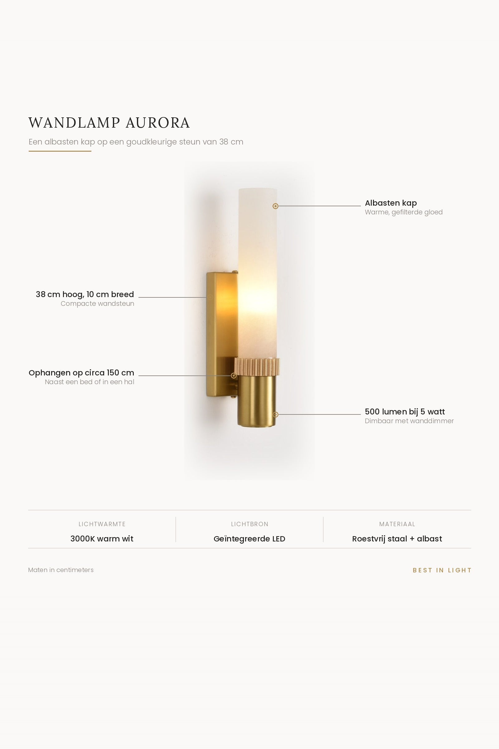 Wandlamp Aurora met maten en kenmerken: albasten kap op een goudkleurige steun van 38 cm hoog en 10 cm breed, 500 lumen bij 5 watt, dimbaar
