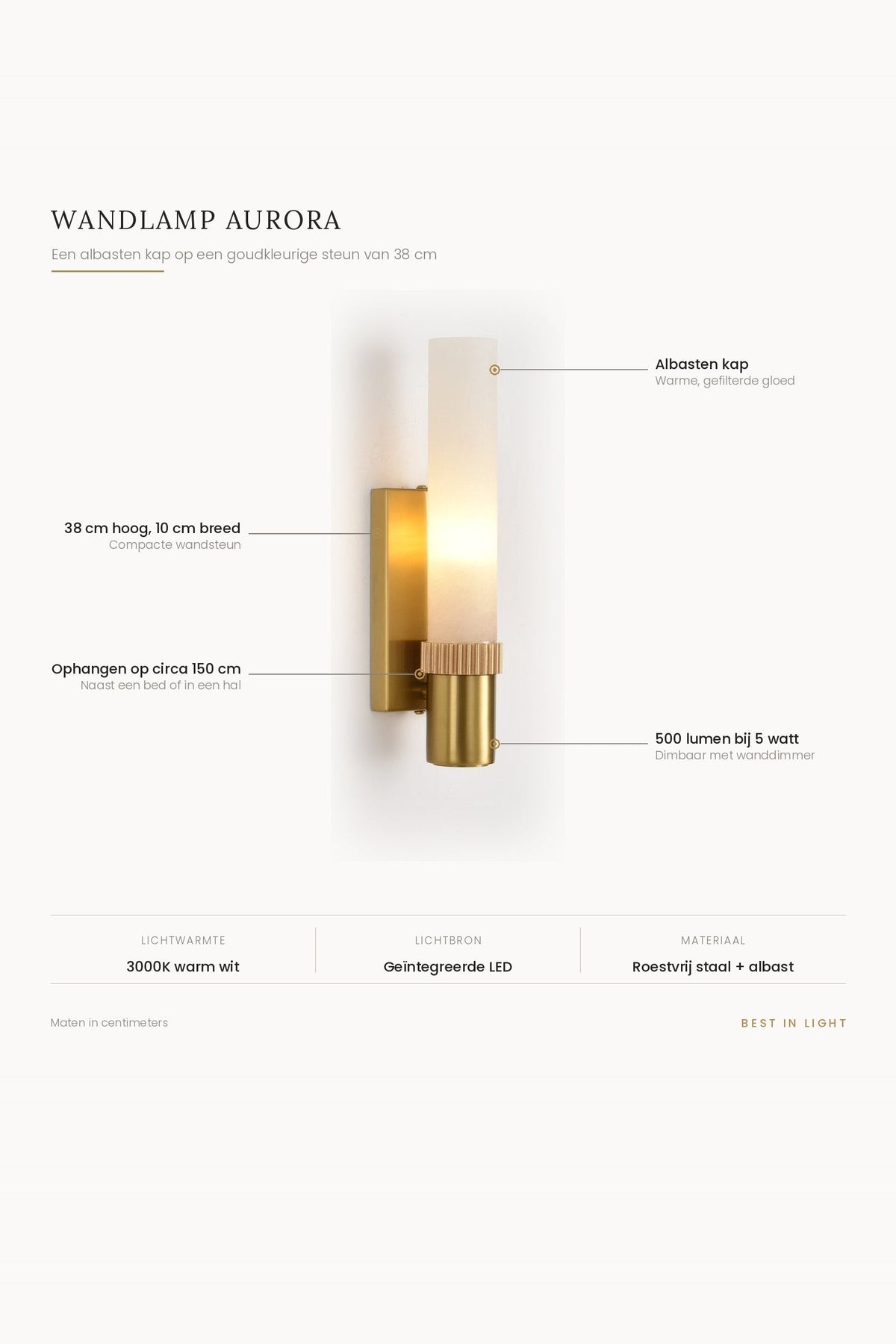 Wandlamp Aurora met maten en kenmerken: albasten kap op een goudkleurige steun van 38 cm hoog en 10 cm breed, 500 lumen bij 5 watt, dimbaar