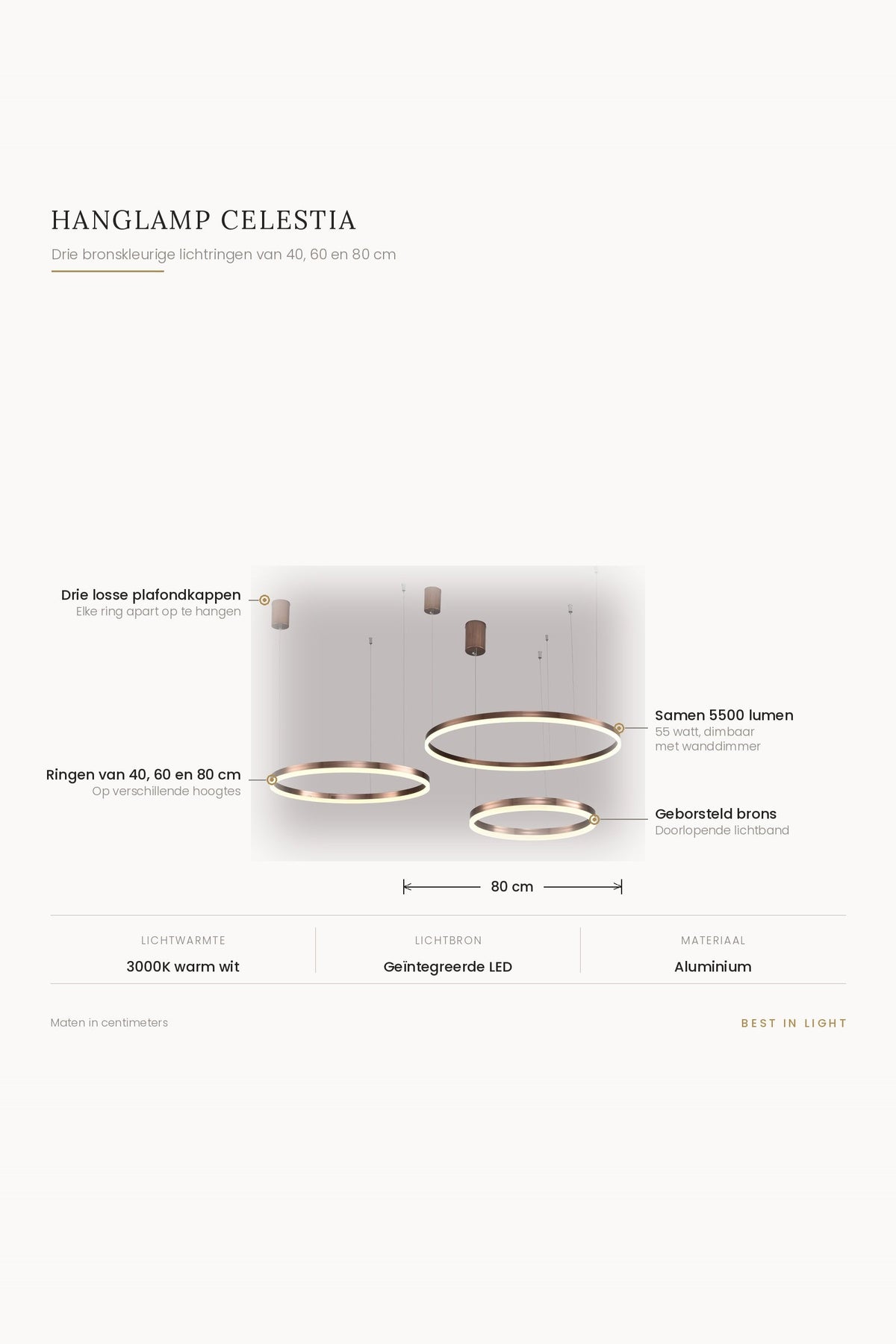 Hanglamp Celestia met maten en kenmerken: drie bronskleurige lichtringen van 40, 60 en 80 cm, samen 5500 lumen bij 55 watt, dimbaar