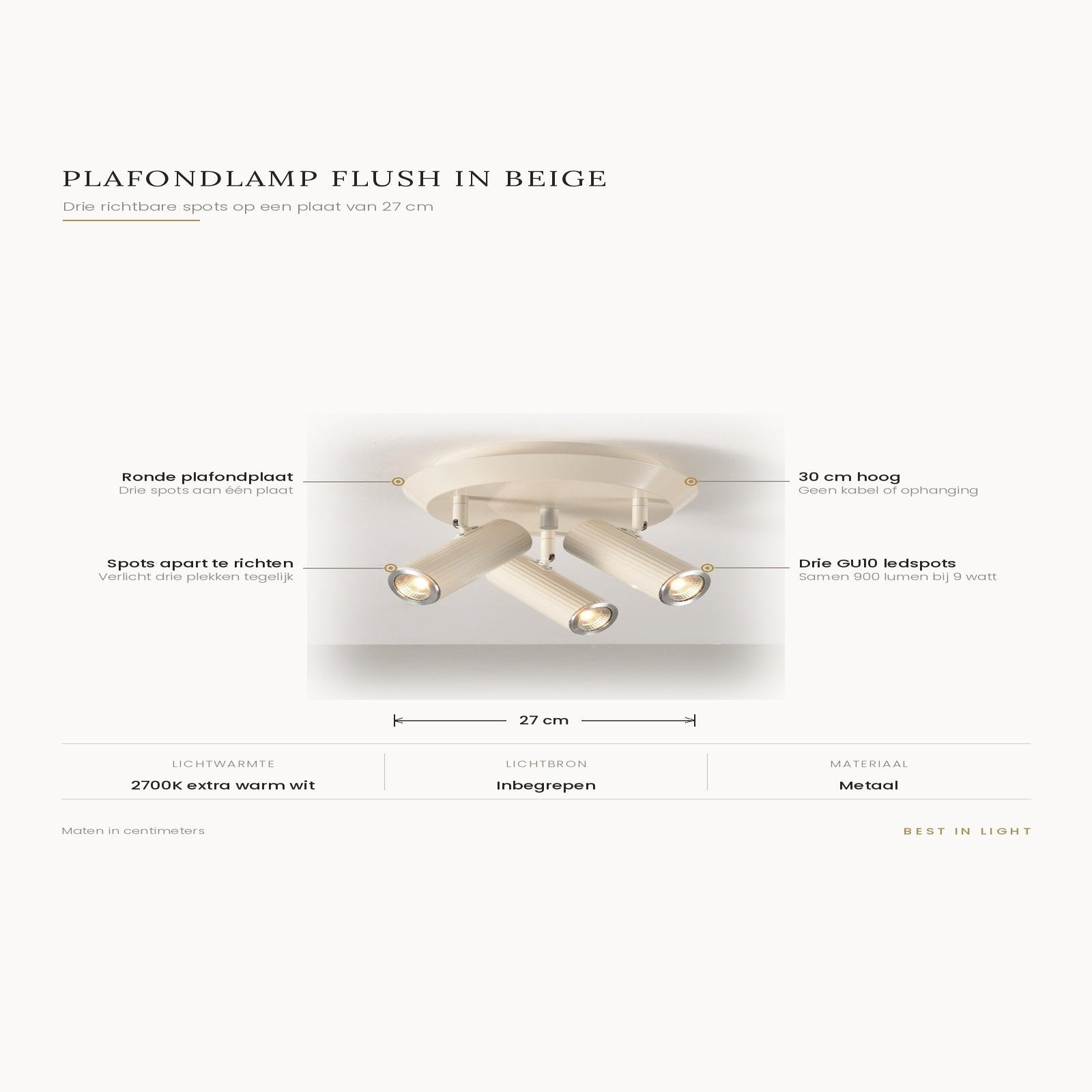 Infographic met maten en kenmerken van plafondlamp Flush in beige