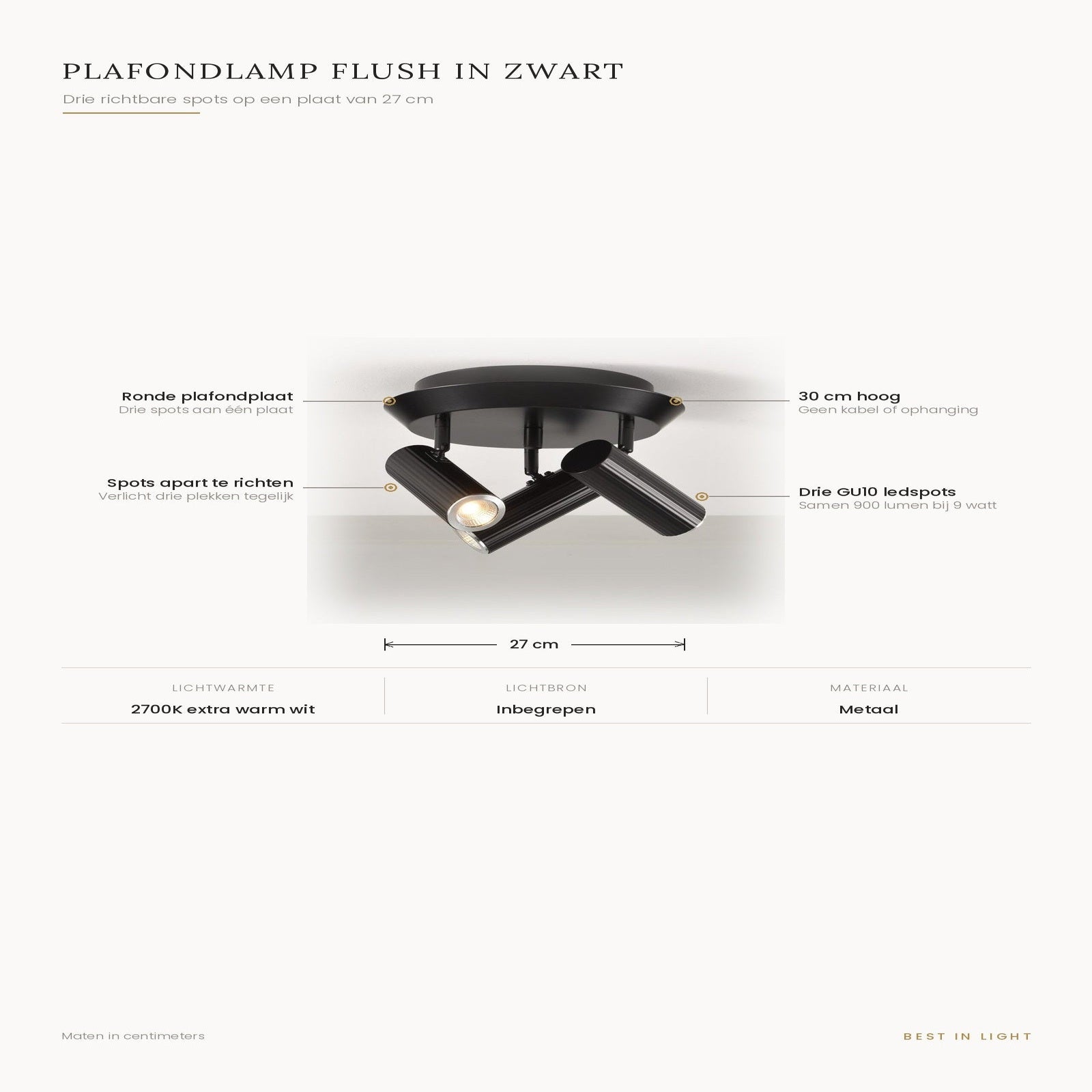Infographic met maten en kenmerken van plafondlamp Flush in zwart
