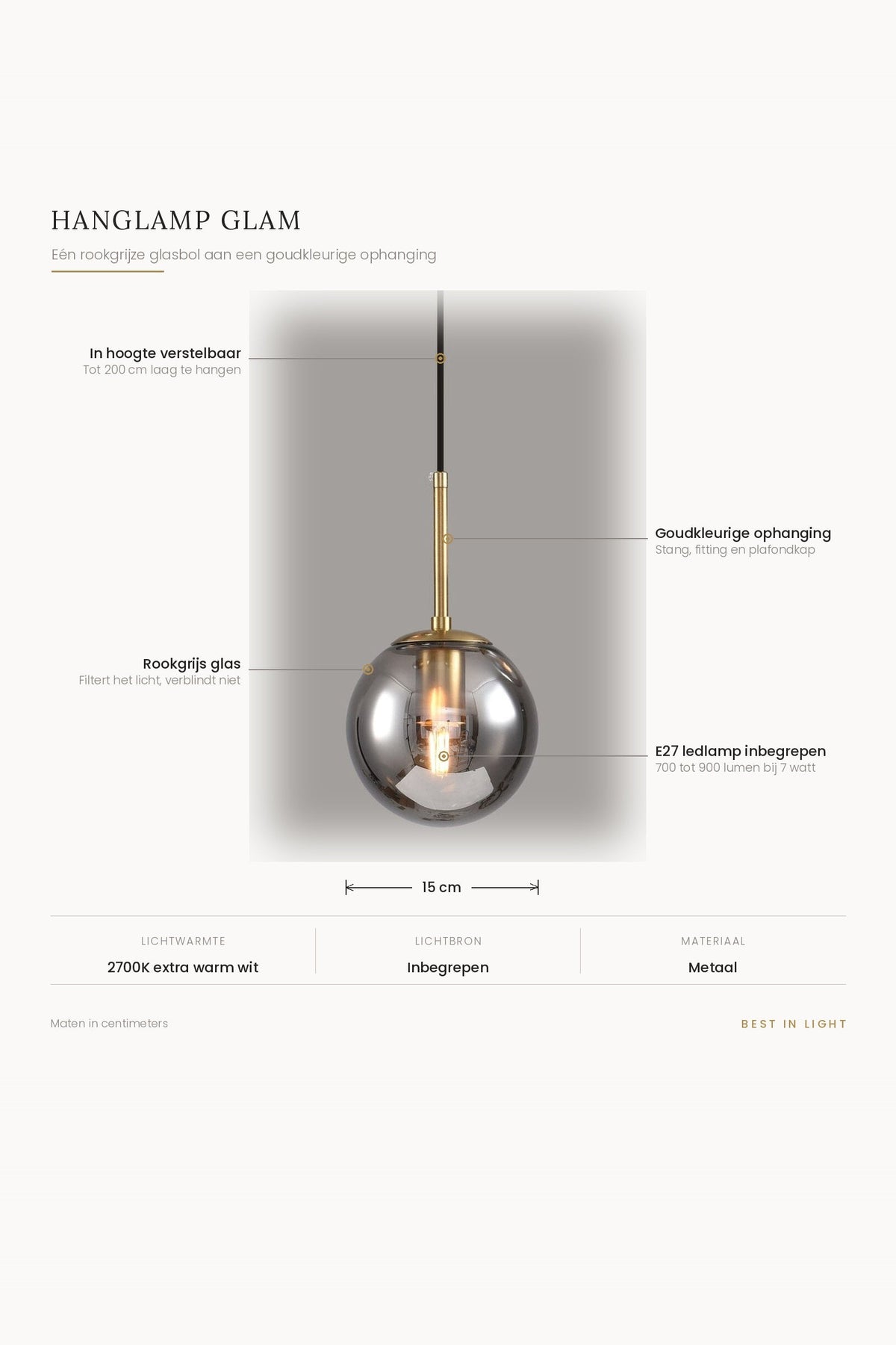 Infographic met de maten en kenmerken van Hanglamp Glam: rookgrijze glasbol van 15 cm, E27 ledlamp inbegrepen, in hoogte verstelbaar tot 200 cm