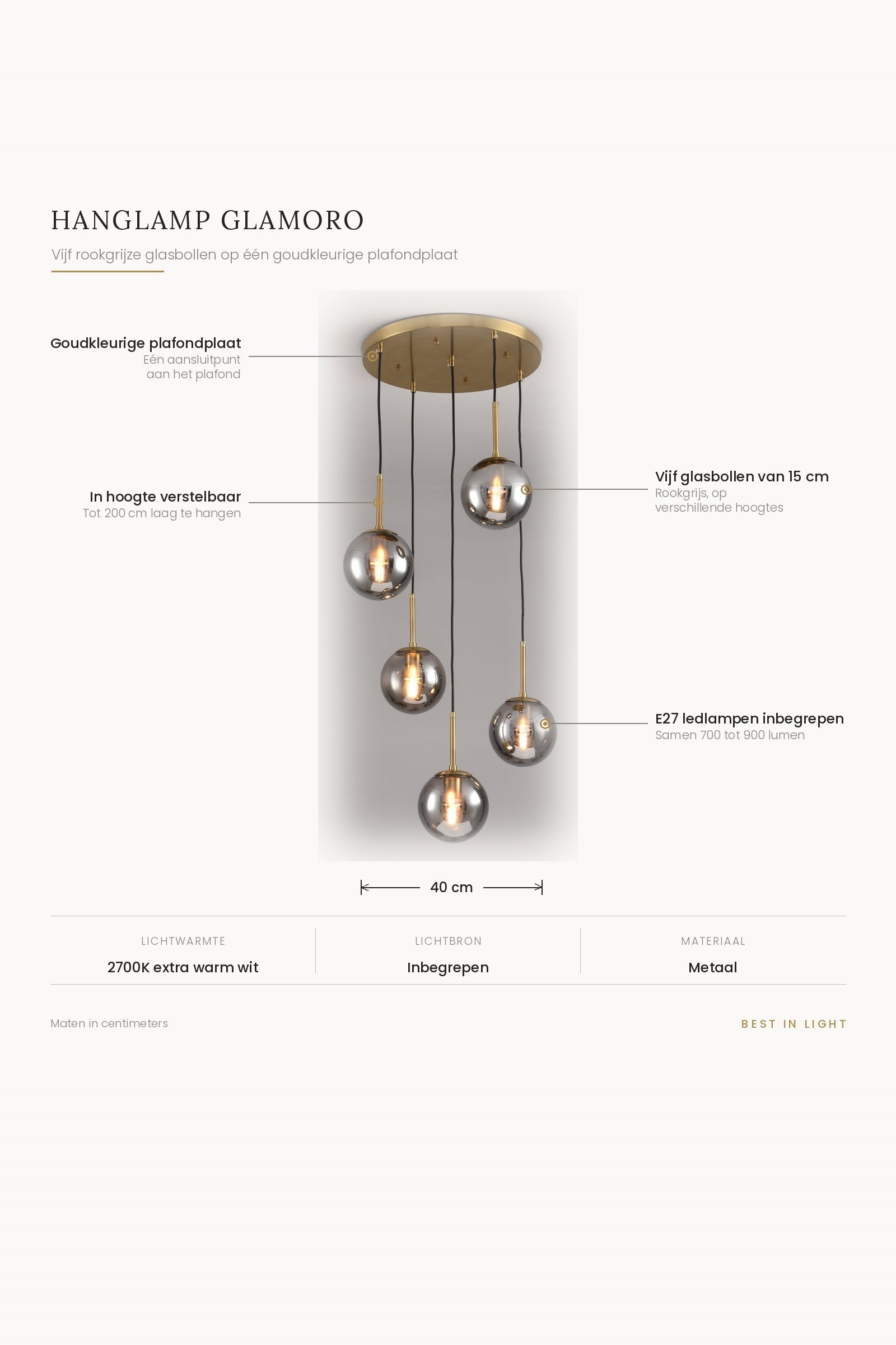 Hanglamp Glamoro met maten en kenmerken: plafondplaat van 40 cm, vijf rookgrijze glasbollen van 15 cm, verstelbaar tot 200 cm