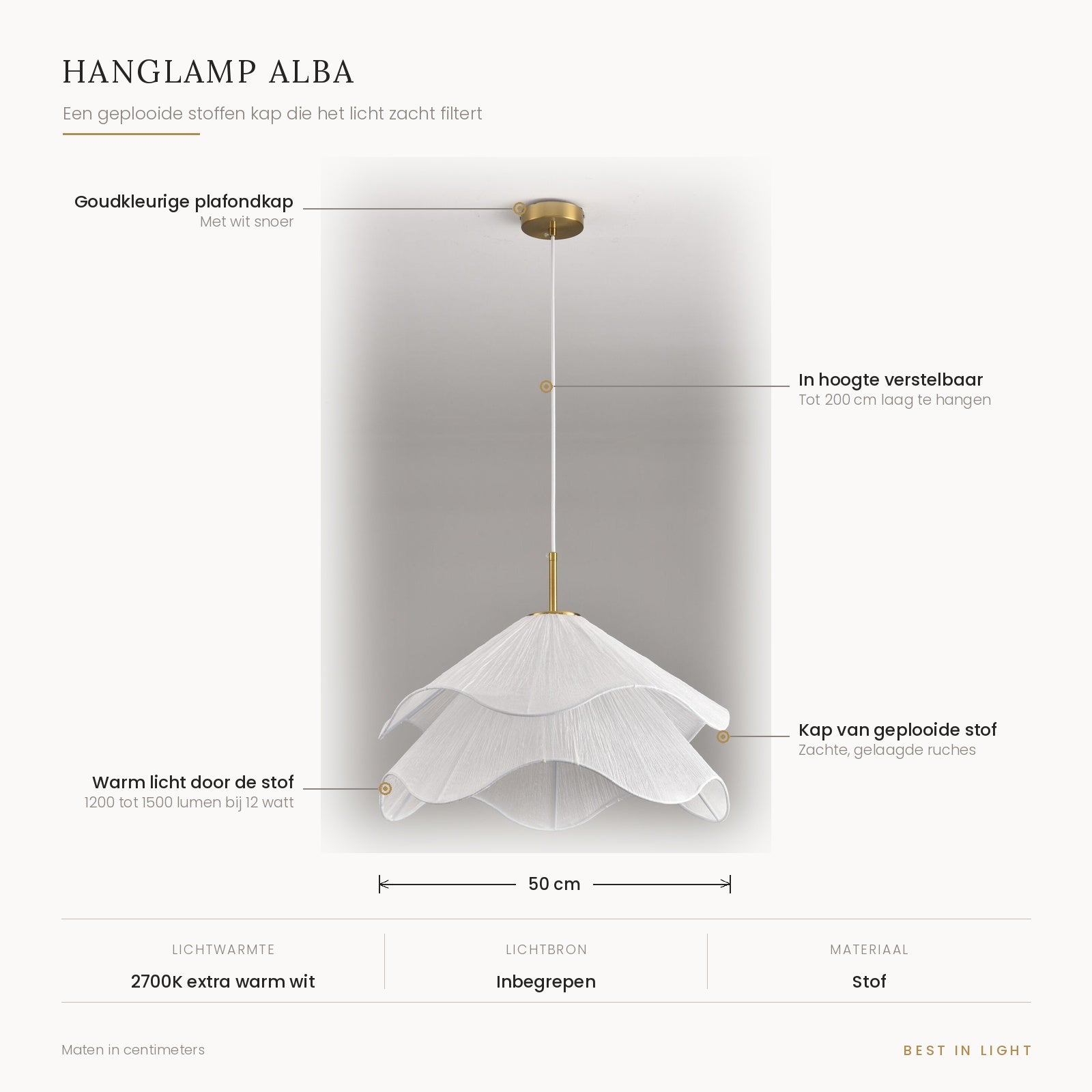 Hanglamp Alba met maten en kenmerken: kap van 50 cm van geplooide stof, in hoogte verstelbaar tot 200 cm, 2700K extra warm wit