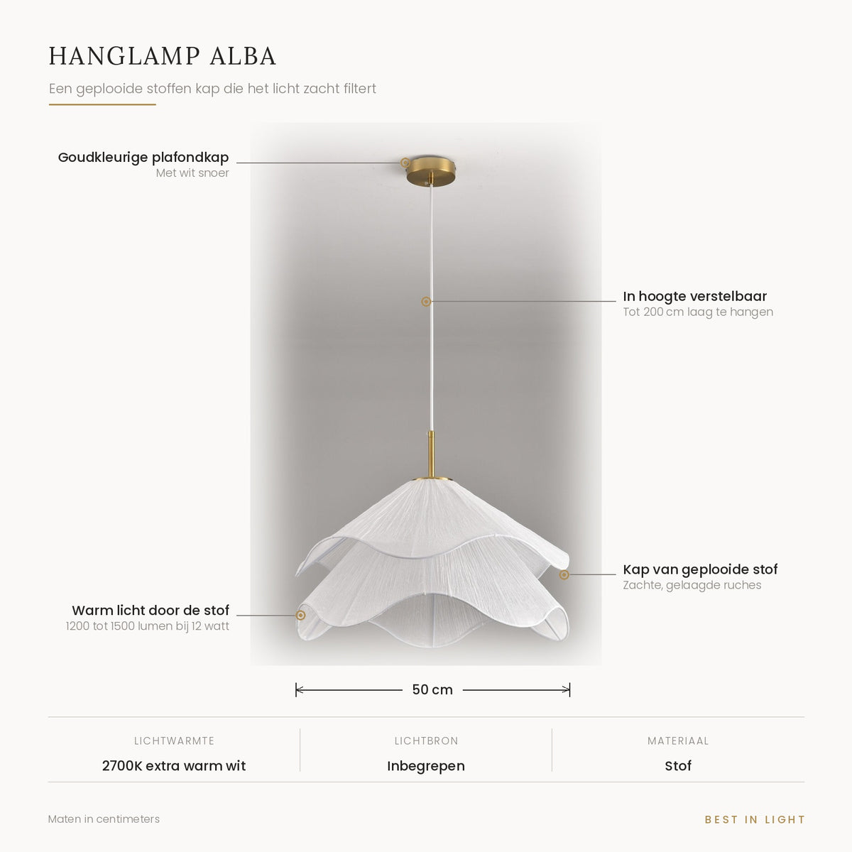Hanglamp Alba met maten en kenmerken: kap van 50 cm van geplooide stof, in hoogte verstelbaar tot 200 cm, 2700K extra warm wit