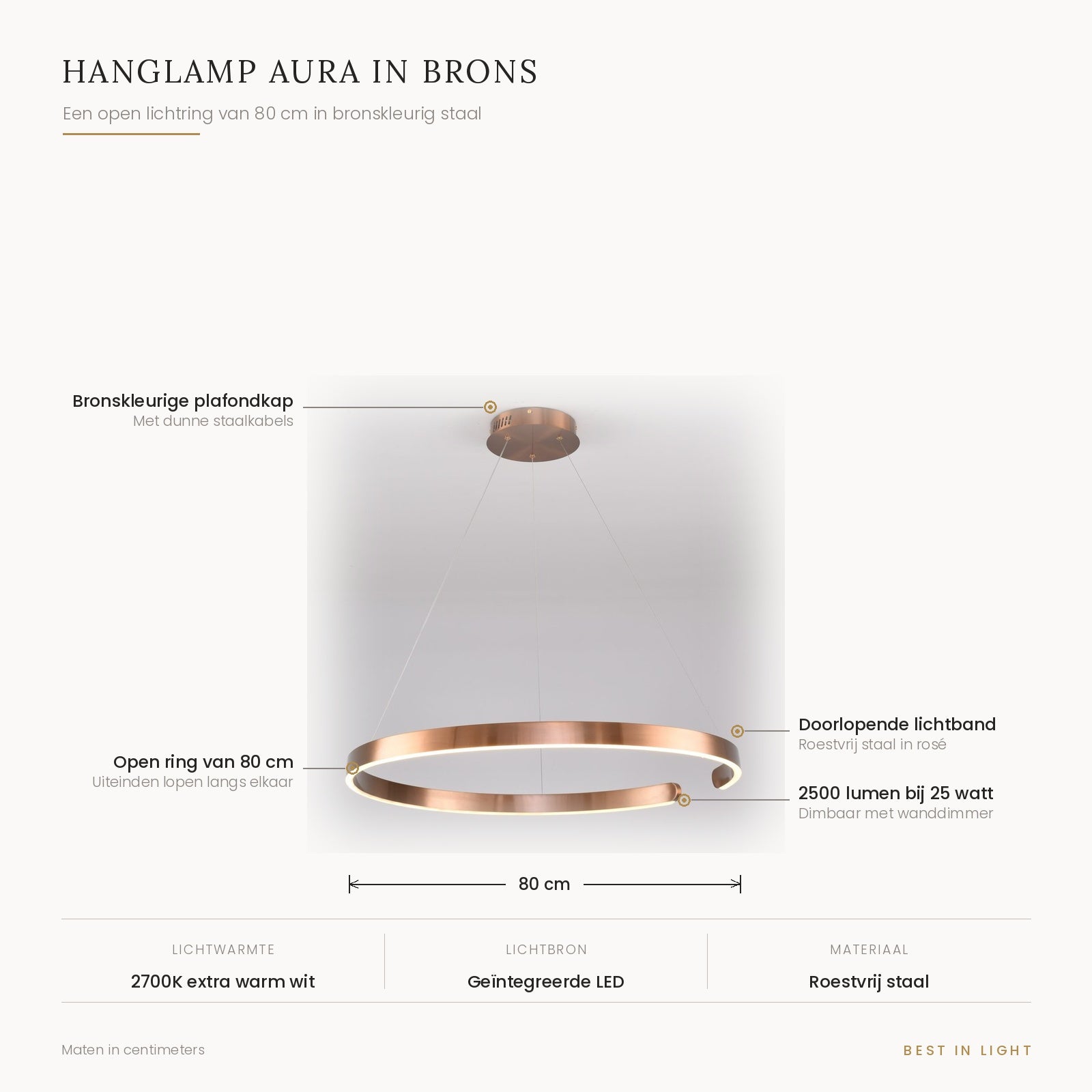Hanglamp Aura in brons met maten en kenmerken: open lichtring van 80 cm in bronskleurig staal, 2500 lumen bij 25 watt, dimbaar