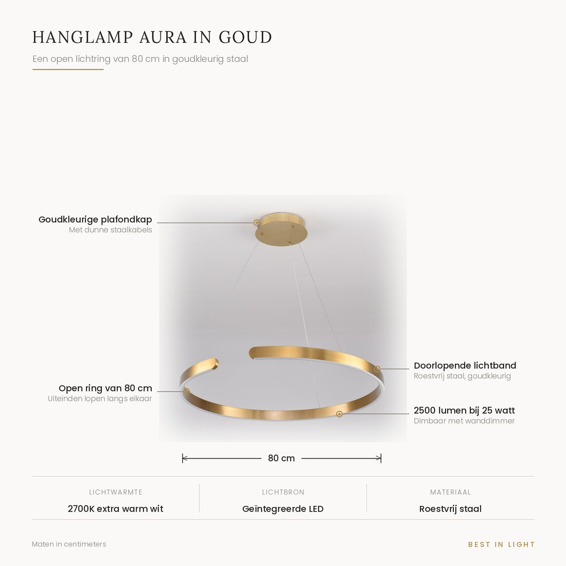 Hanglamp Aura in goud met maten en kenmerken: open lichtring van 80 cm in goudkleurig staal, 2500 lumen bij 25 watt, dimbaar