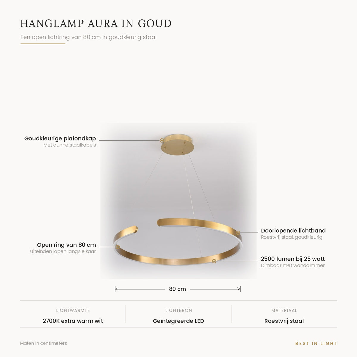 Hanglamp Aura in goud met maten en kenmerken: open lichtring van 80 cm in goudkleurig staal, 2500 lumen bij 25 watt, dimbaar