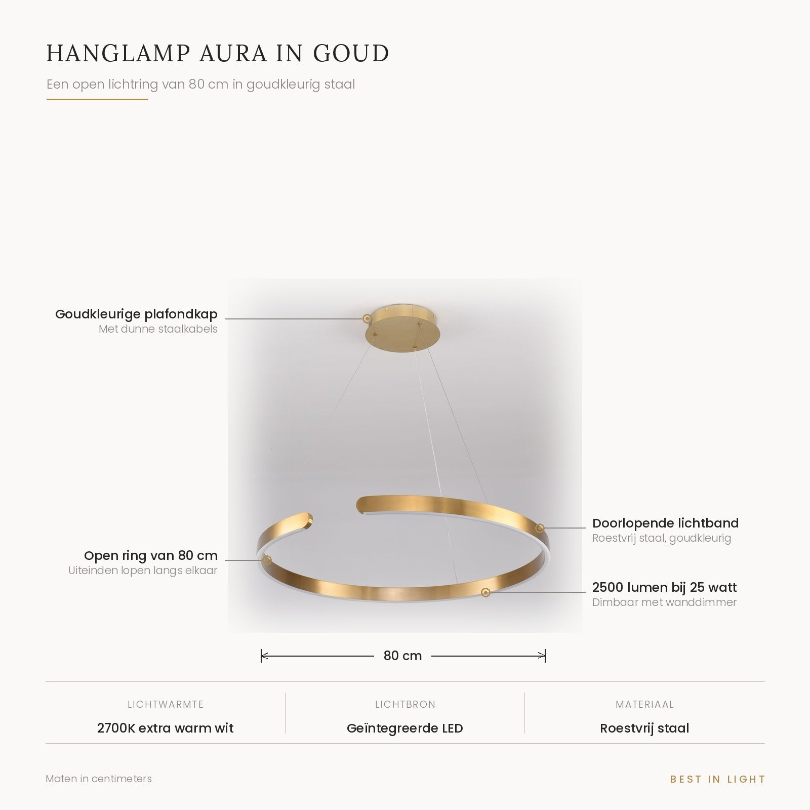 Hanglamp Aura in goud met maten en kenmerken: open lichtring van 80 cm in goudkleurig staal, 2500 lumen bij 25 watt, dimbaar