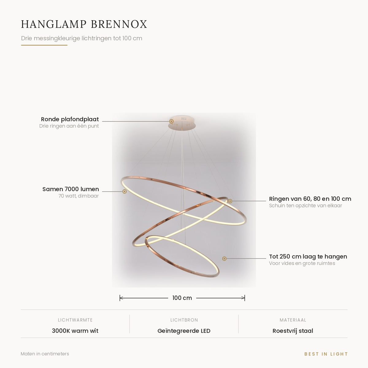 Hanglamp Brennox met maten en kenmerken: drie messingkleurige lichtringen van 60, 80 en 100 cm, tot 250 cm laag te hangen, samen 7000 lumen