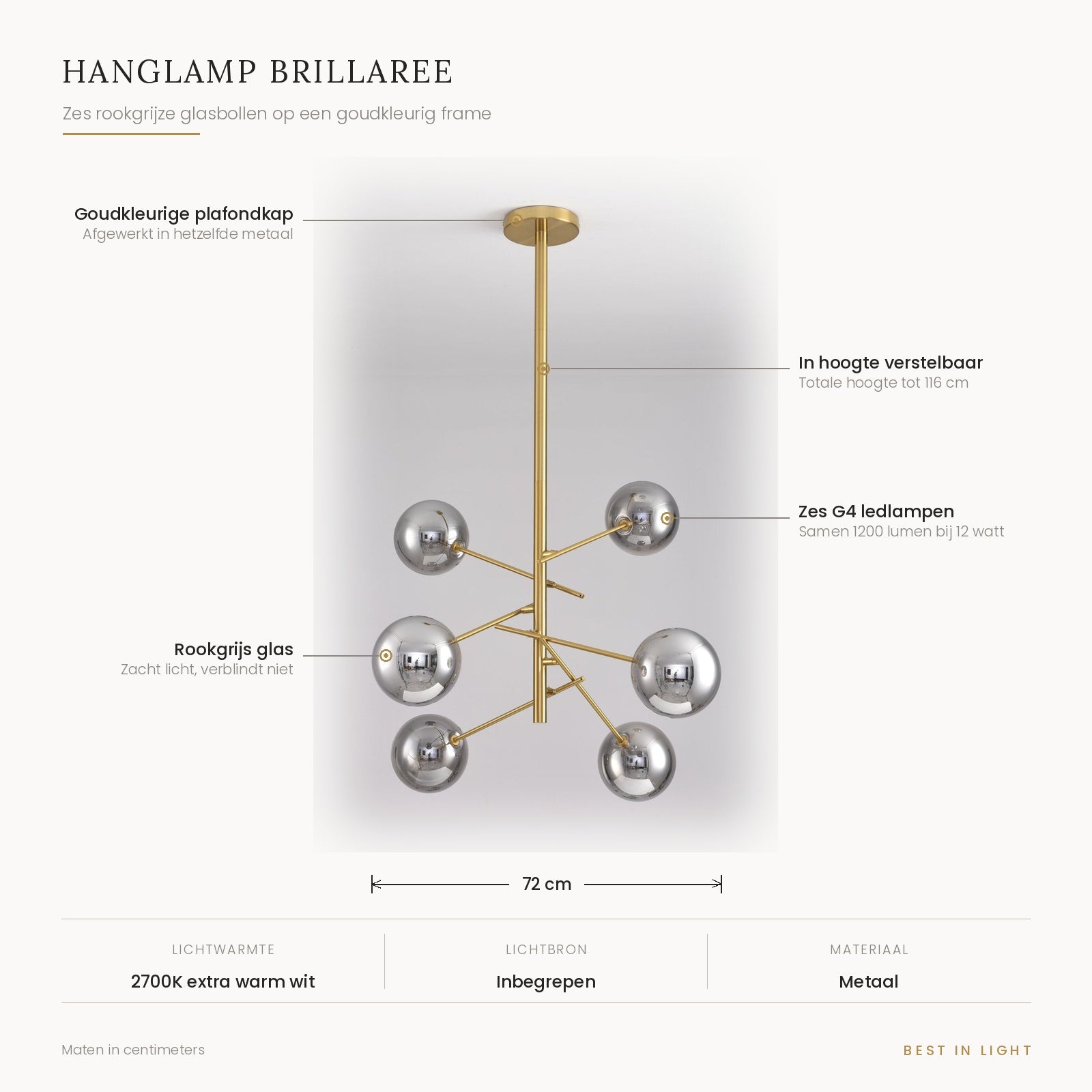 Infographic met de maten en kenmerken van Hanglamp Brillaree: 72 cm breed, zes rookgrijze glasbollen, zes G4 ledlampen, in hoogte verstelbaar tot 116 cm