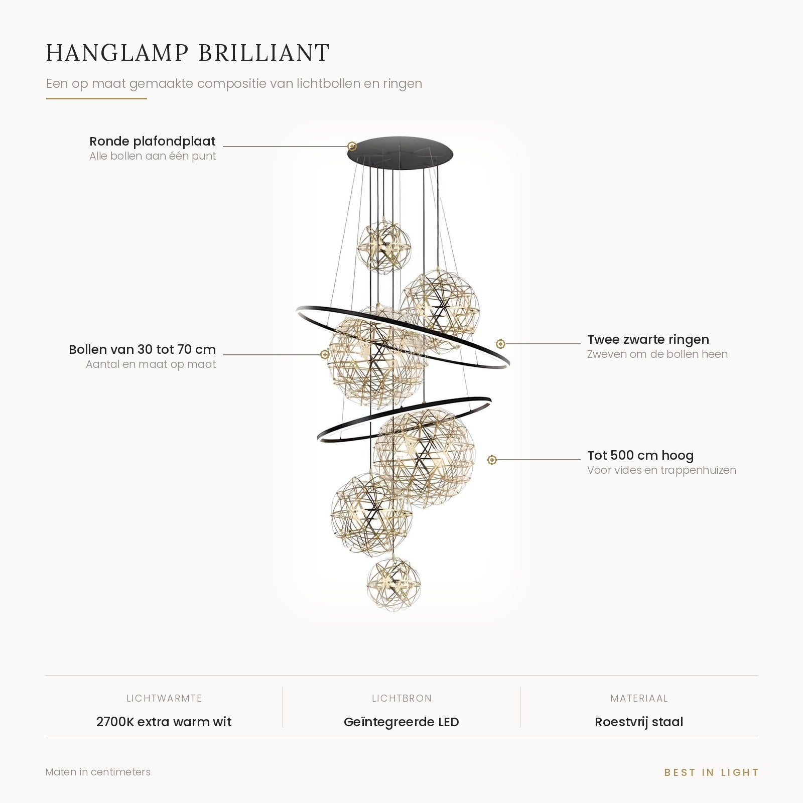 Hanglamp Brilliant met kenmerken: op maat gemaakte compositie van lichtbollen van 30 tot 70 cm en twee zwarte ringen, tot 500 cm hoog