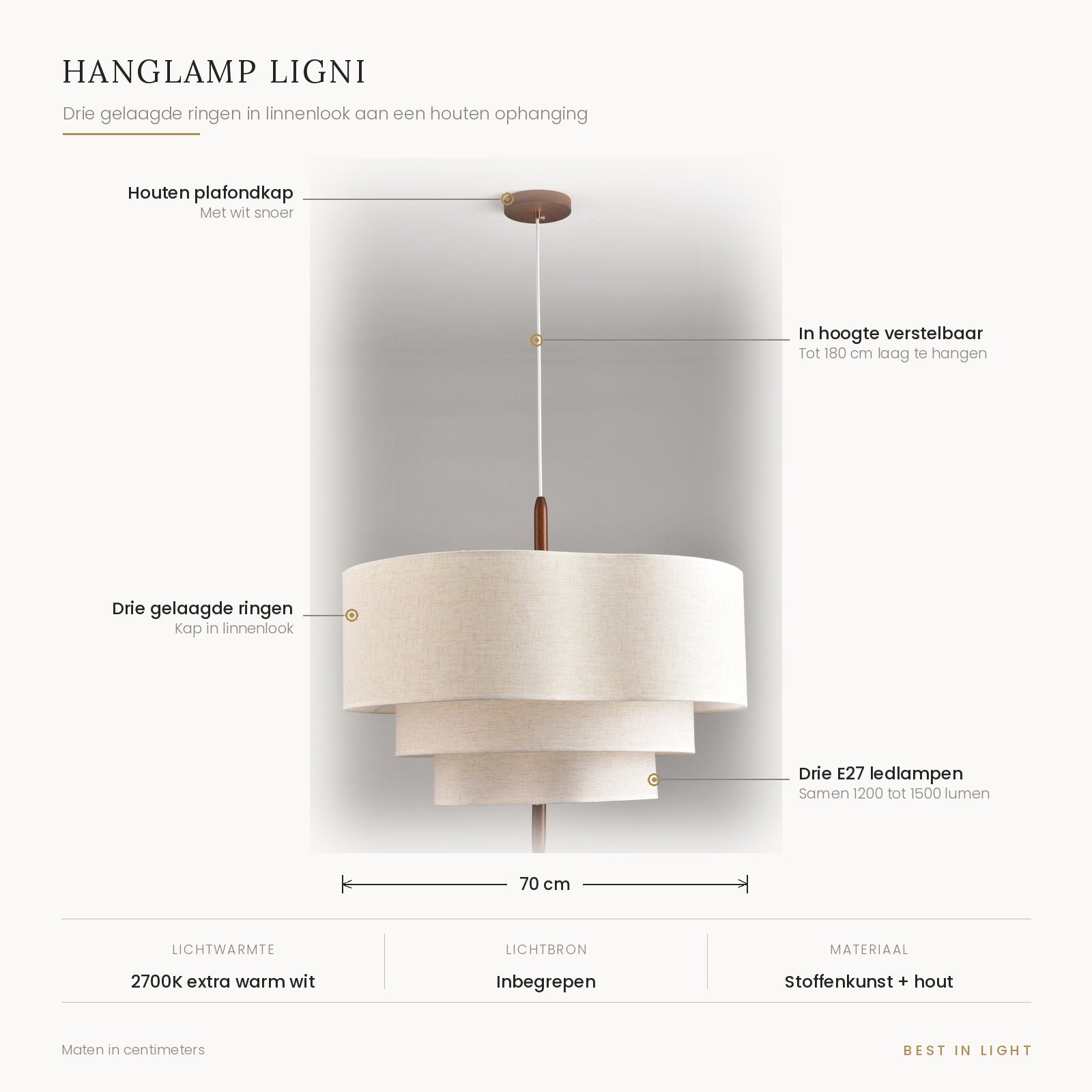 Hanglamp Ligni met maten en kenmerken: kap van 70 cm met drie gelaagde ringen in linnenlook, houten plafondkap, verstelbaar tot 180 cm