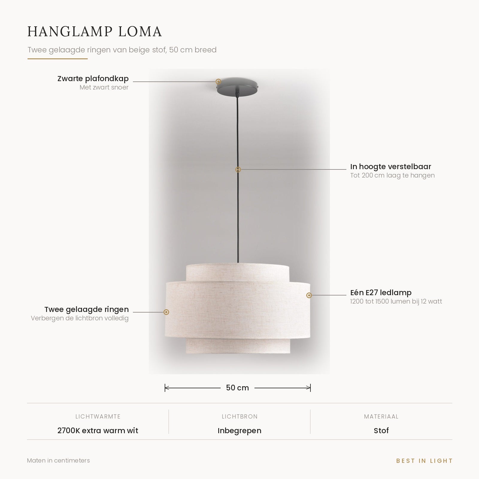 Hanglamp Loma met maten en kenmerken: twee gelaagde ringen van beige stof, 50 cm breed, verstelbaar tot 200 cm, één E27 ledlamp