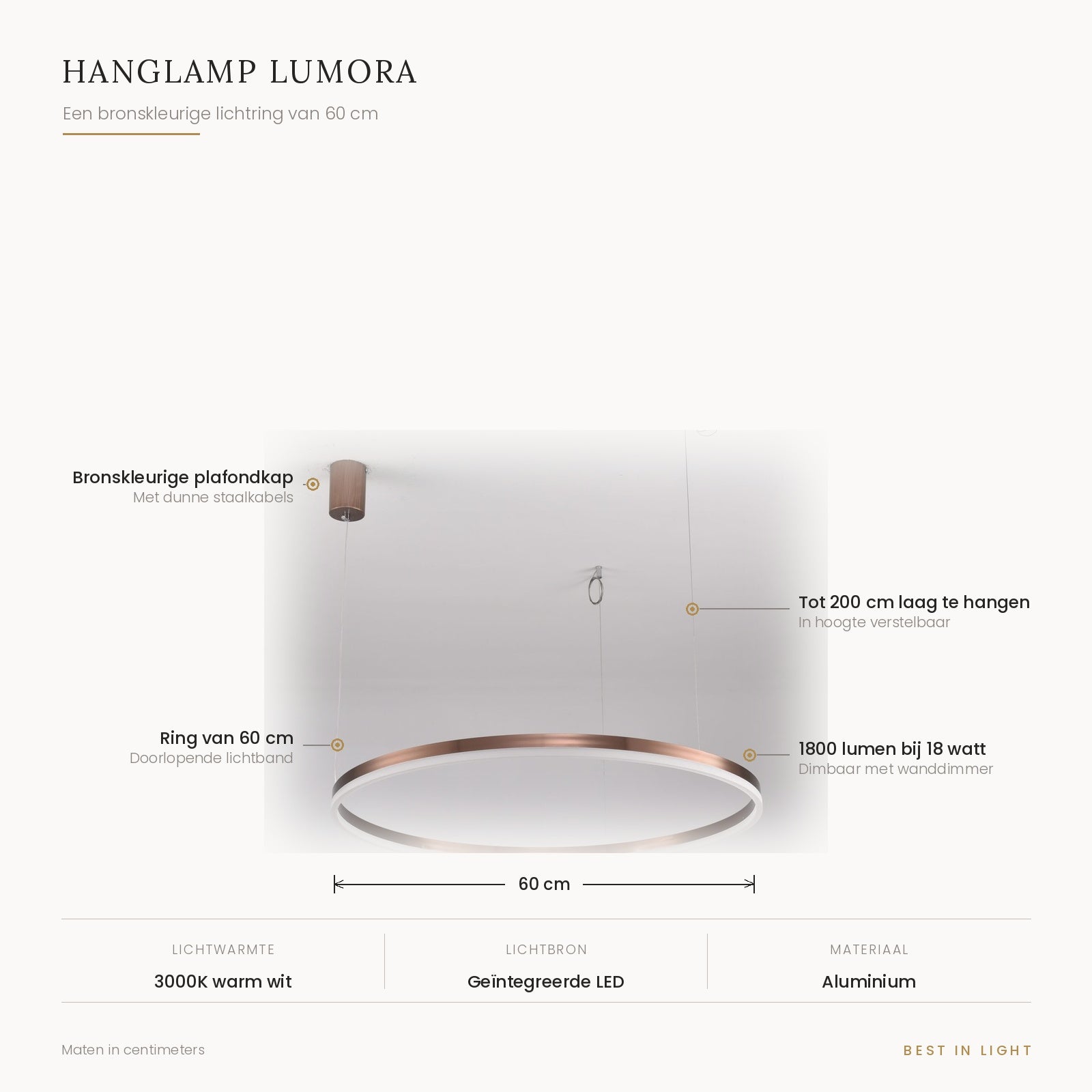 Hanglamp Lumora met maten en kenmerken: bronskleurige lichtring van 60 cm, verstelbaar tot 200 cm, 1800 lumen bij 18 watt, dimbaar