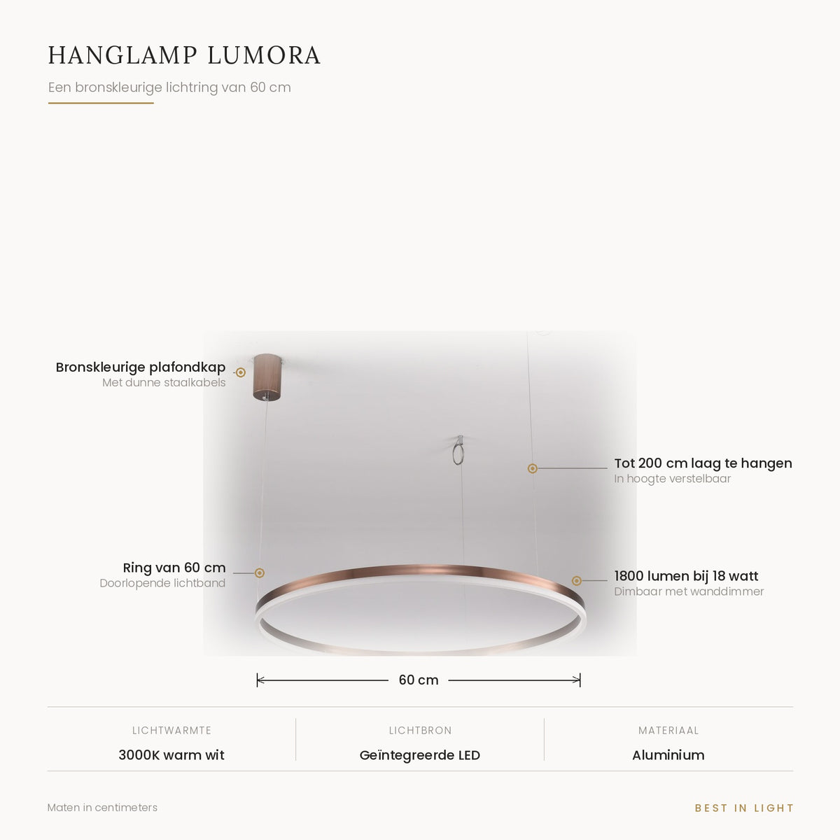 Hanglamp Lumora met maten en kenmerken: bronskleurige lichtring van 60 cm, verstelbaar tot 200 cm, 1800 lumen bij 18 watt, dimbaar