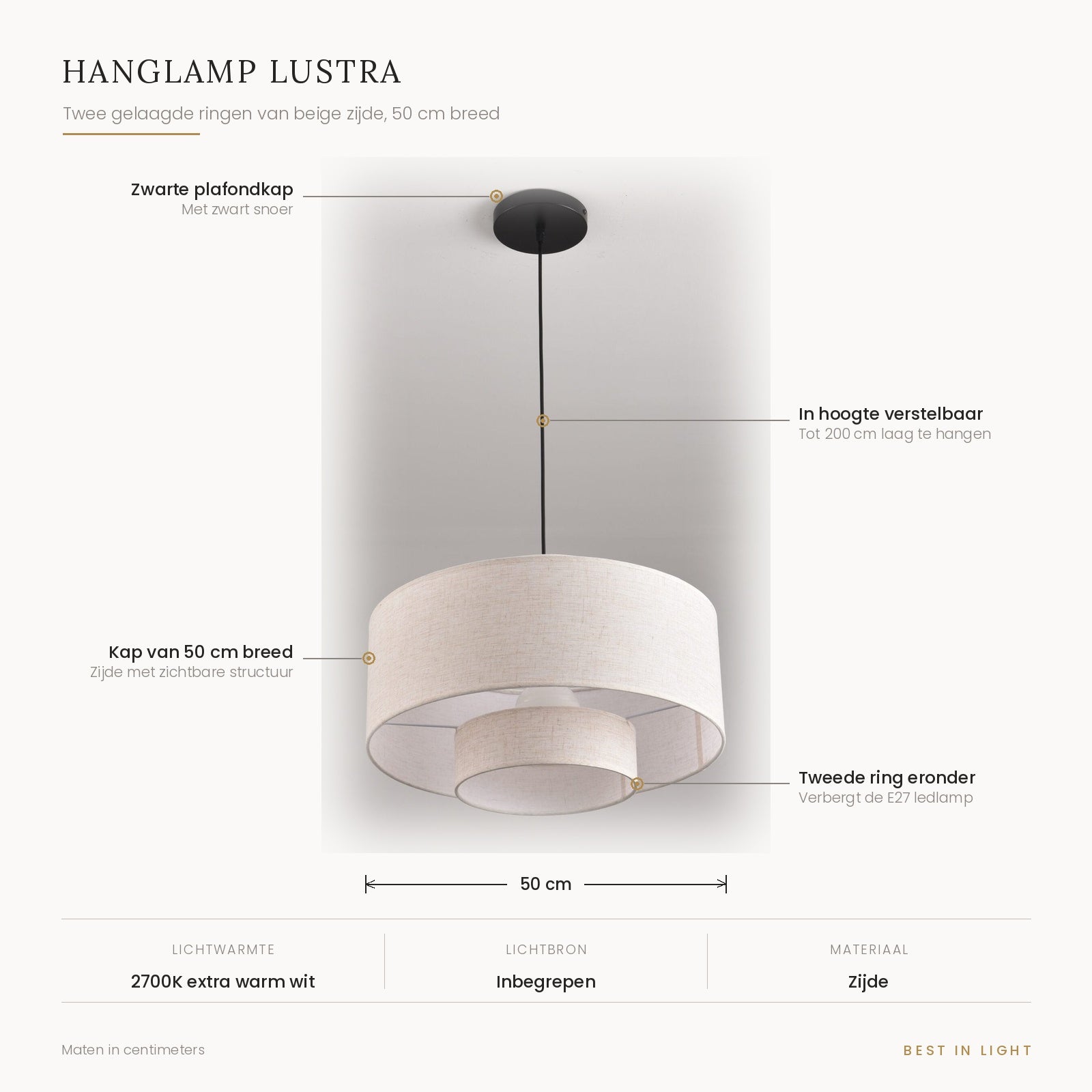 Hanglamp Lustra met maten en kenmerken: twee gelaagde ringen van beige zijde, 50 cm breed, verstelbaar tot 200 cm, één E27 ledlamp