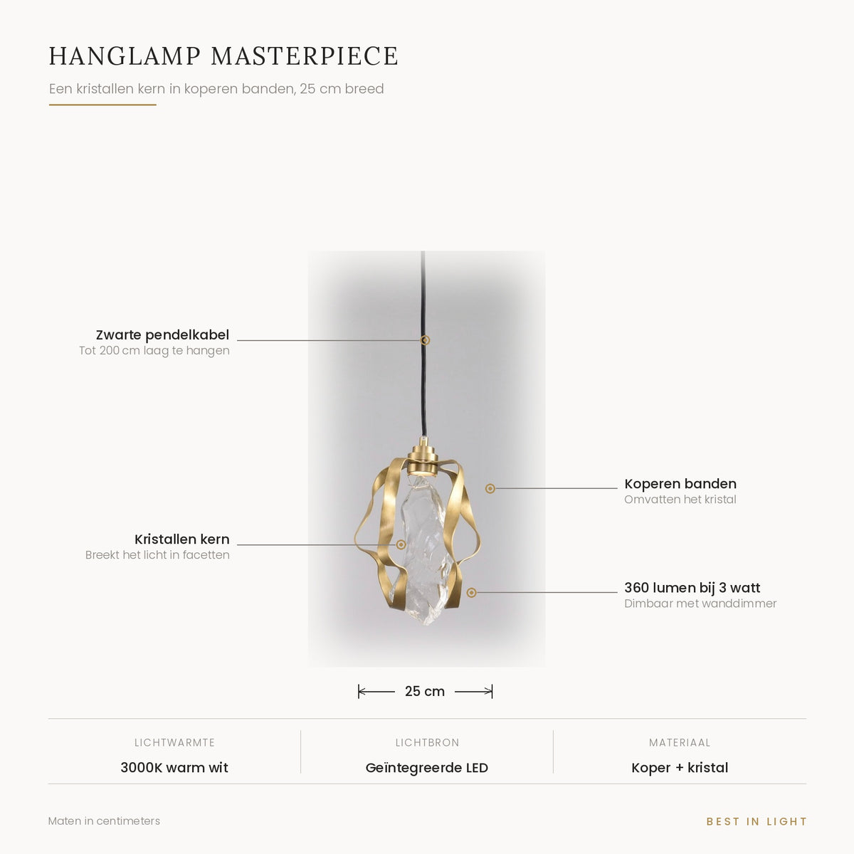 Hanglamp Masterpiece met maten en kenmerken: kristallen kern in koperen banden, 25 cm breed, tot 200 cm laag te hangen, 360 lumen bij 3 watt