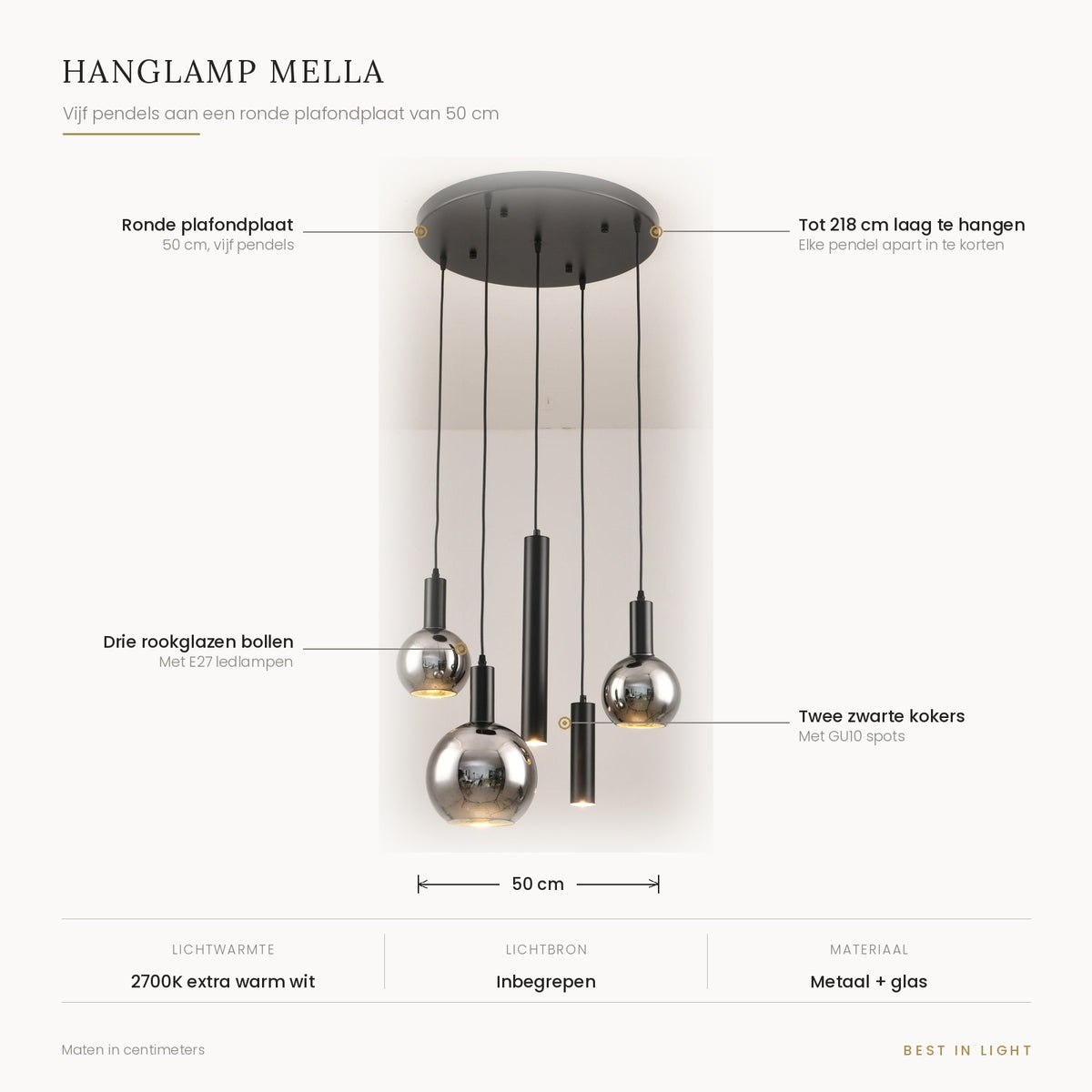 Hanglamp Mella met maten en kenmerken: vijf pendels aan een ronde plafondplaat van 50 cm, drie rookglazen bollen en twee kokers, tot 218 cm