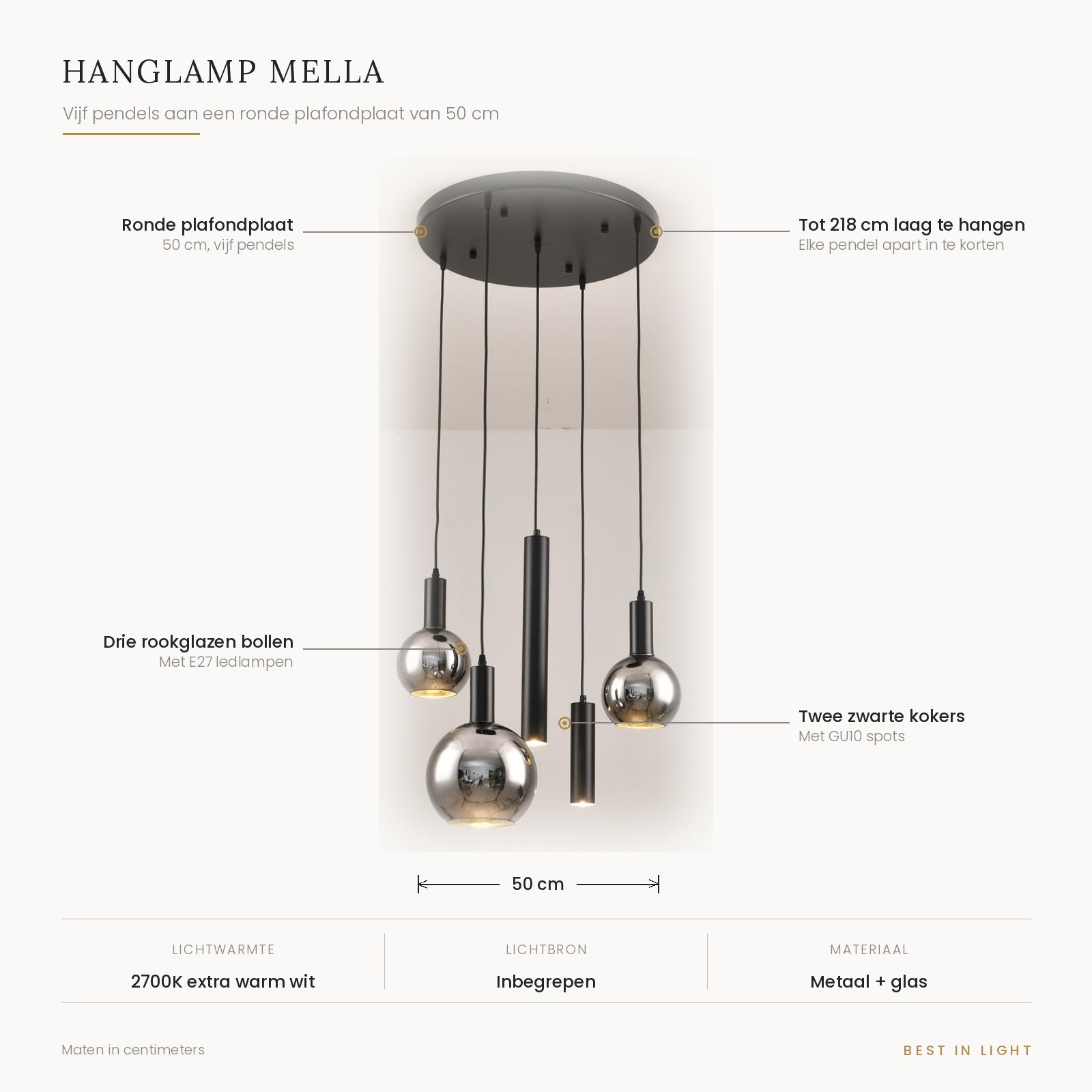 Hanglamp Mella met maten en kenmerken: vijf pendels aan een ronde plafondplaat van 50 cm, drie rookglazen bollen en twee kokers, tot 218 cm