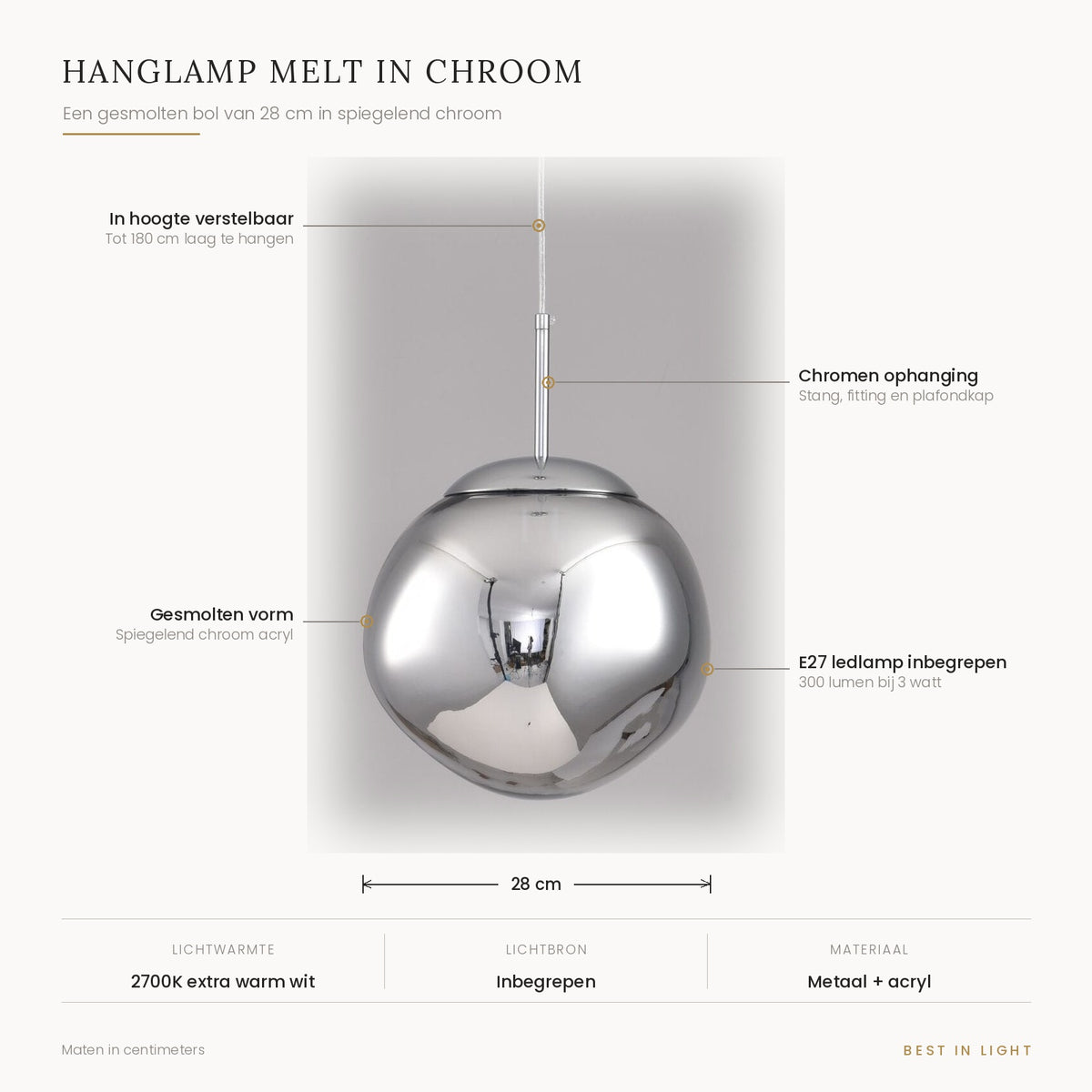 Hanglamp Melt in chroom met maten en kenmerken: gesmolten bol van 28 cm, verstelbaar tot 180 cm, E27 ledlamp van 300 lumen bij 3 watt