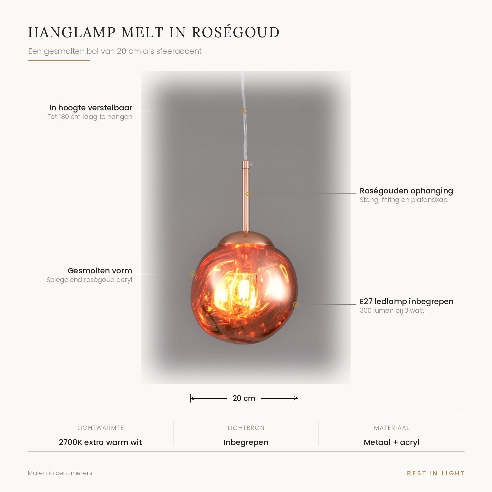 Hanglamp Melt in roségoud met maten en kenmerken: gesmolten bol van 20 cm, verstelbaar tot 180 cm, E27 ledlamp van 300 lumen bij 3 watt