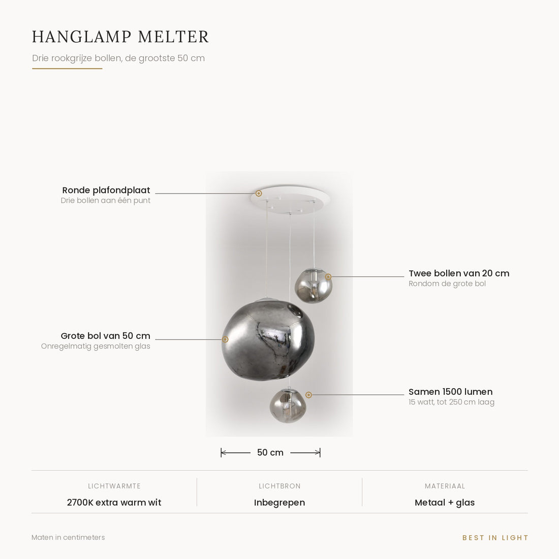 Hanglamp Melter met maten en kenmerken: drie rookgrijze bollen van 2x 20 cm en 1x 50 cm, tot 250 cm laag te hangen, samen 1500 lumen