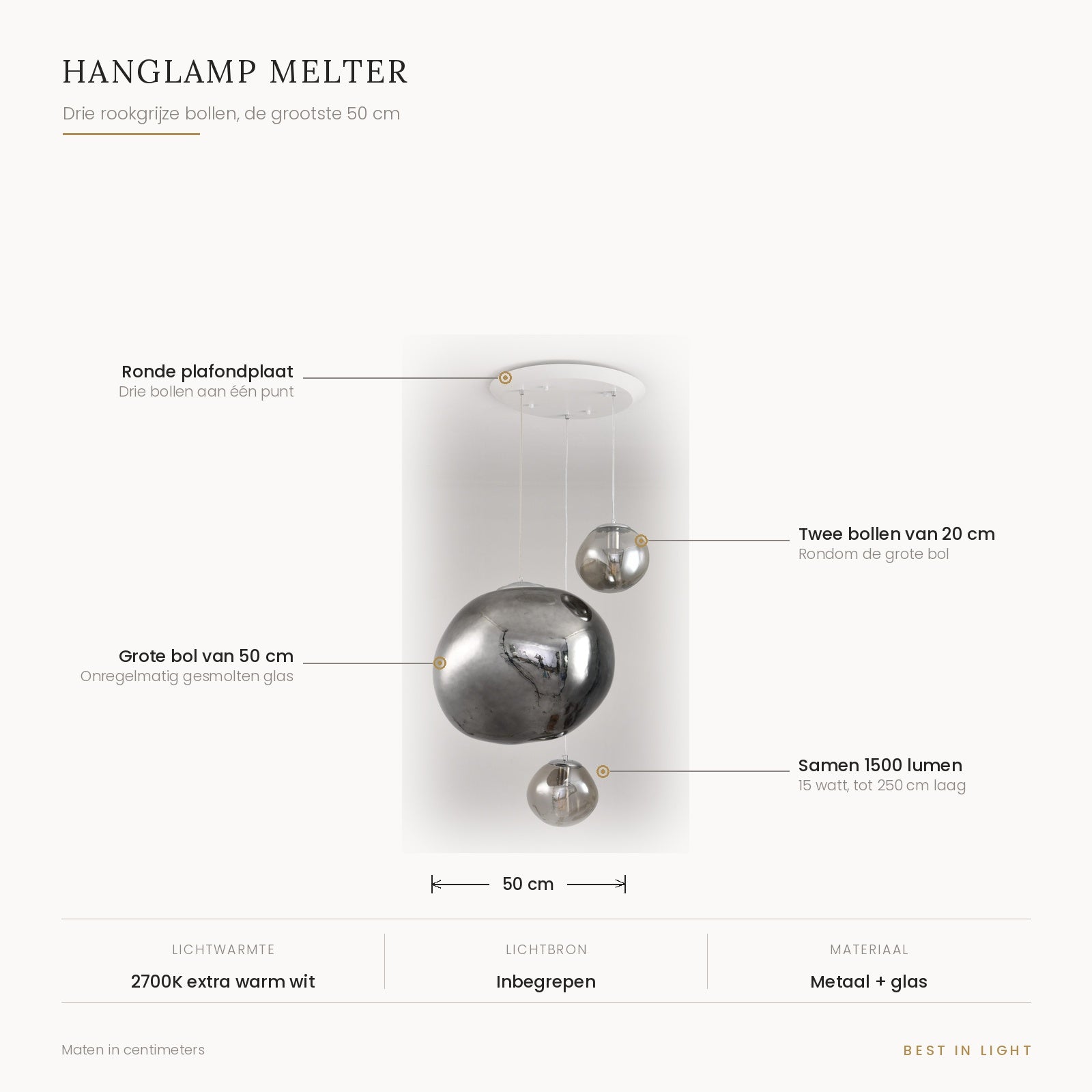 Hanglamp Melter met maten en kenmerken: drie rookgrijze bollen van 2x 20 cm en 1x 50 cm, tot 250 cm laag te hangen, samen 1500 lumen