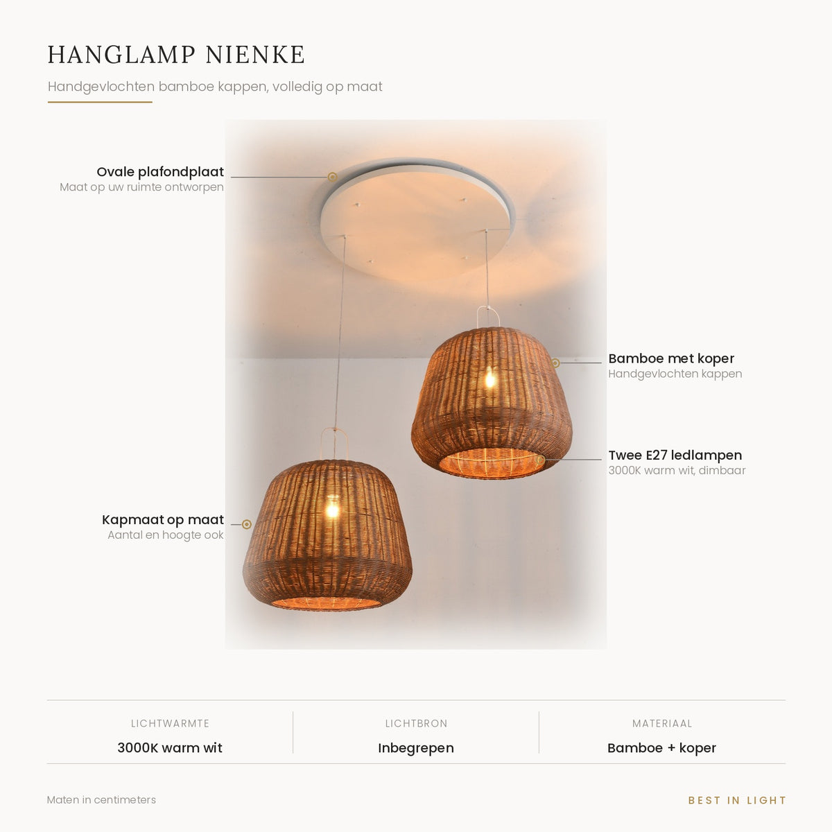 Hanglamp Nienke met kenmerken: handgevlochten bamboe kappen met koper, volledig op maat in afmeting, aantal en ophanghoogte, twee E27 ledlampen