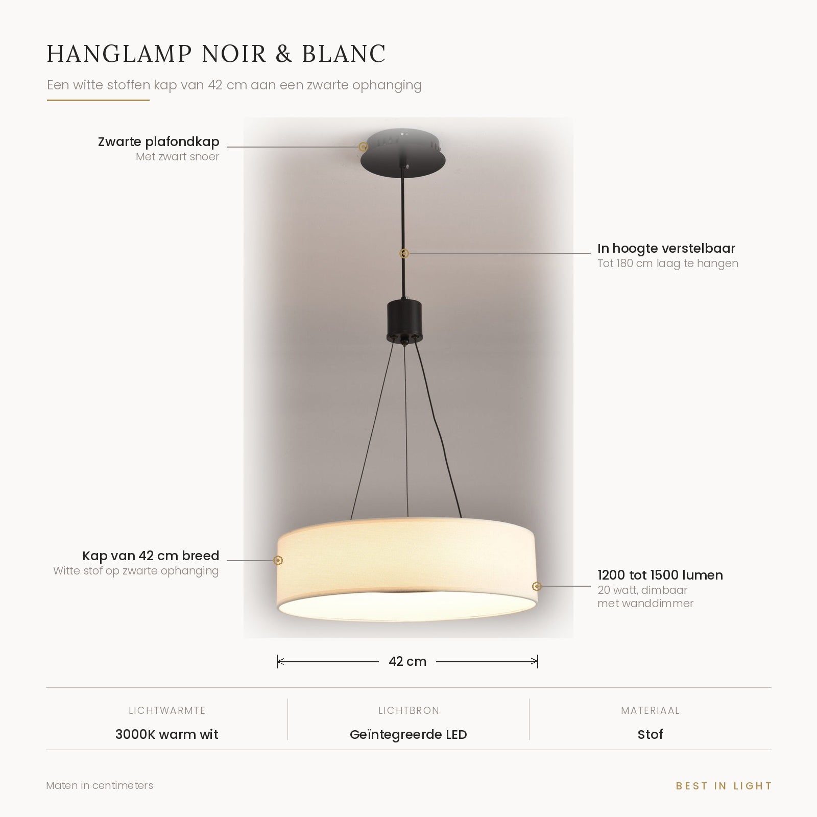 Hanglamp Noir & Blanc met maten en kenmerken: witte stoffen kap van 42 cm, zwarte ophanging, verstelbaar tot 180 cm, 1200 tot 1500 lumen