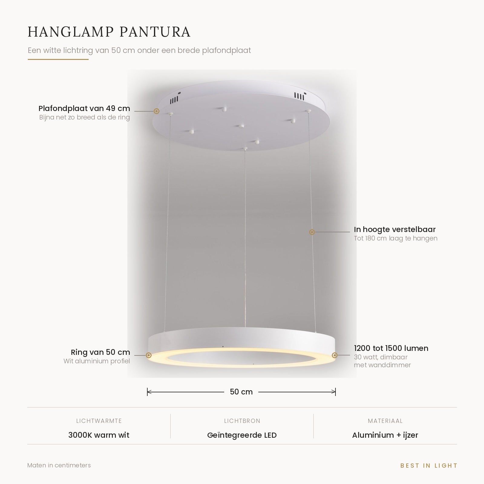 Hanglamp Pantura met maten en kenmerken: lichtring van 50 cm, plafondplaat van 49 cm, verstelbaar tot 180 cm, 1200 tot 1500 lumen bij 30 watt